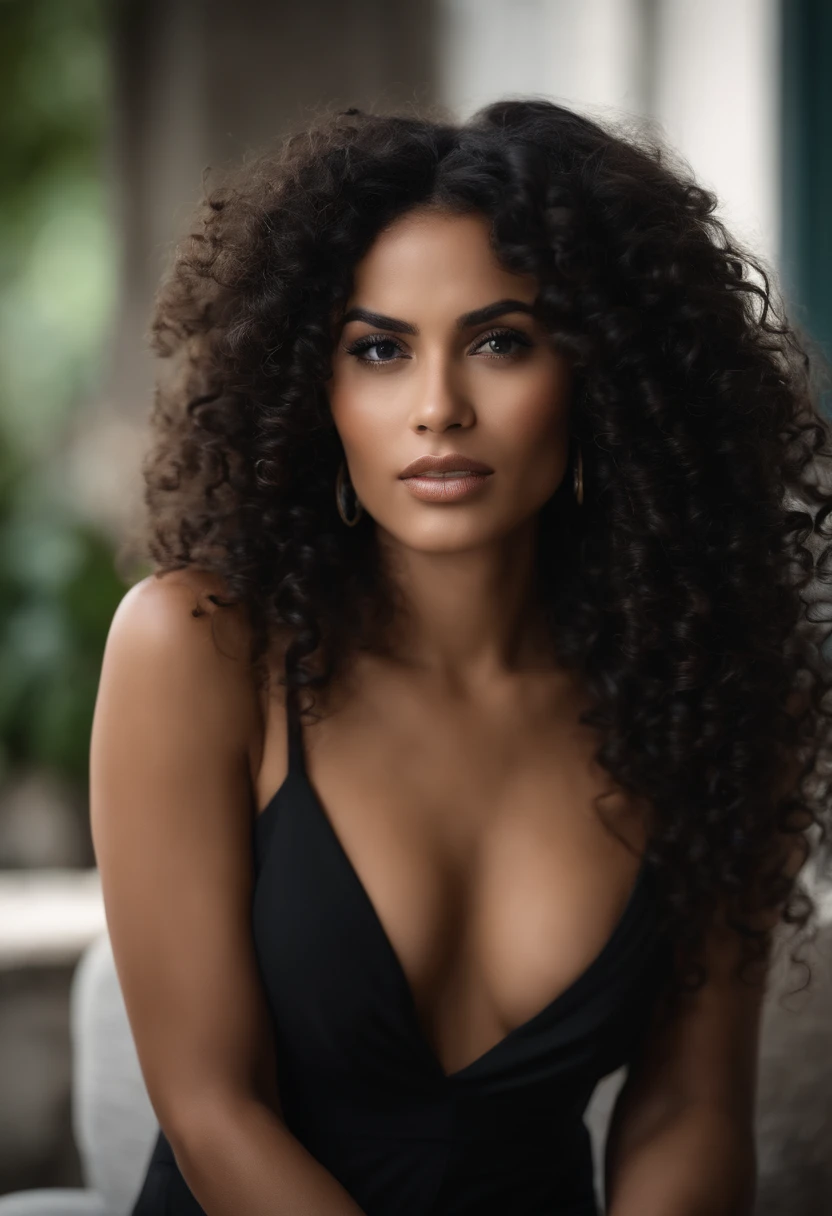 A beautiful and amazing black Brazilian woman,portrait de corps entier, assis sur une chaise, gros seins, Boucles gratuites, nez parfait, black curly hair, (dark and long curly hair), Long curly wild black hair, cheveux multiversaux, Brazilian, court, black curly hair, black curly hair, Boucles, wavy hair spread out, Boucles baroques, Boucles, Curly, curly hair, Texture des cheveux, Curly bang, fleshy lips , espanique