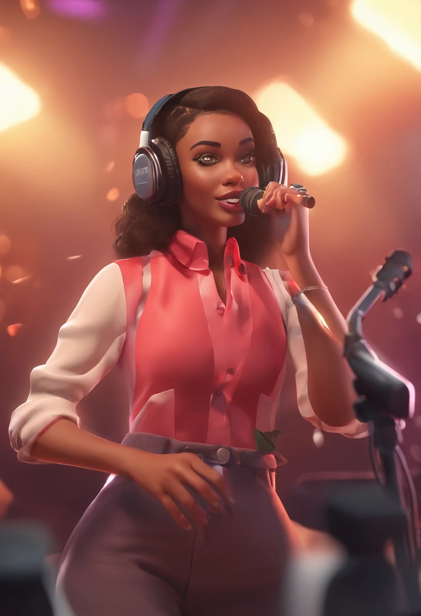 Mulher jovem clara cabelo preto cacheiado cantando em um show com um homem tocando teclado os dois muito felizes