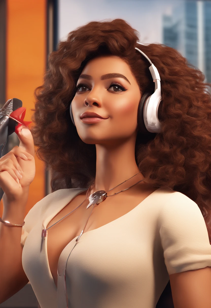 Mulher jovem clara cabelo preto cacheiado cantando em um show com um homem tocando teclado os dois muito felizes