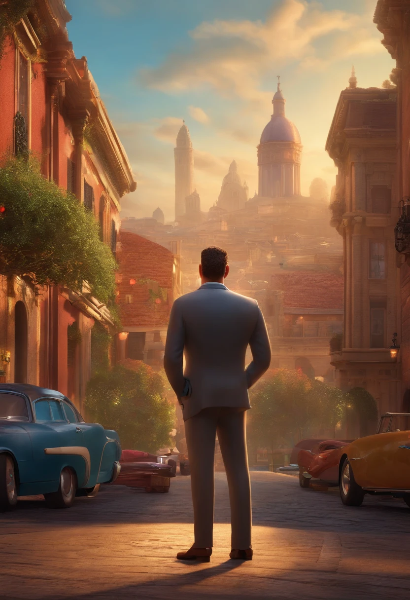 A city councilman looking at a dream project inspired by Pixar animation, de perto. The character takes center stage with captivating facial expressions, oferecendo um toque de irrealidade
