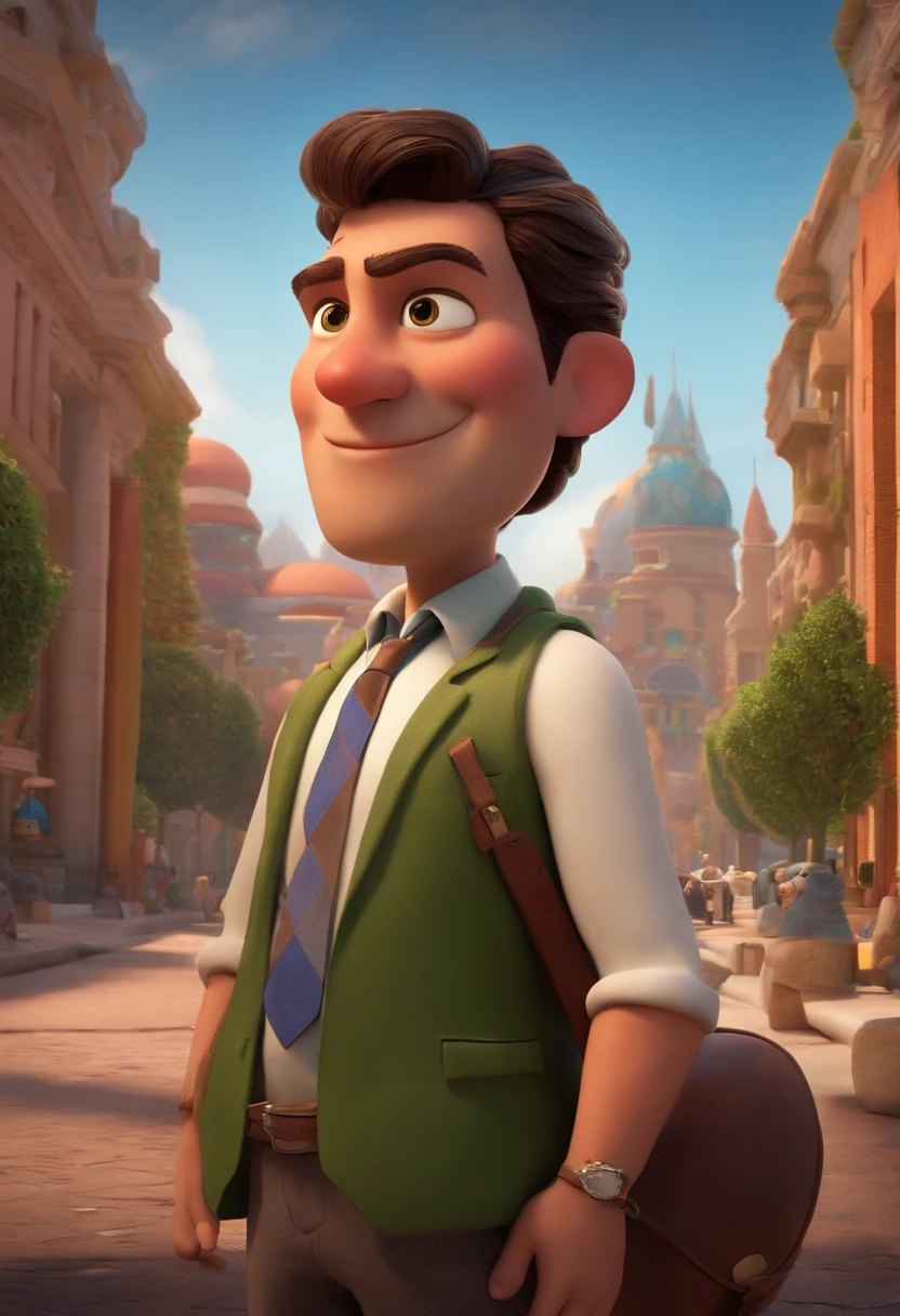 A city councilman looking at a dream project inspired by Pixar animation, de perto. The character takes center stage with captivating facial expressions, oferecendo um toque de irrealidade