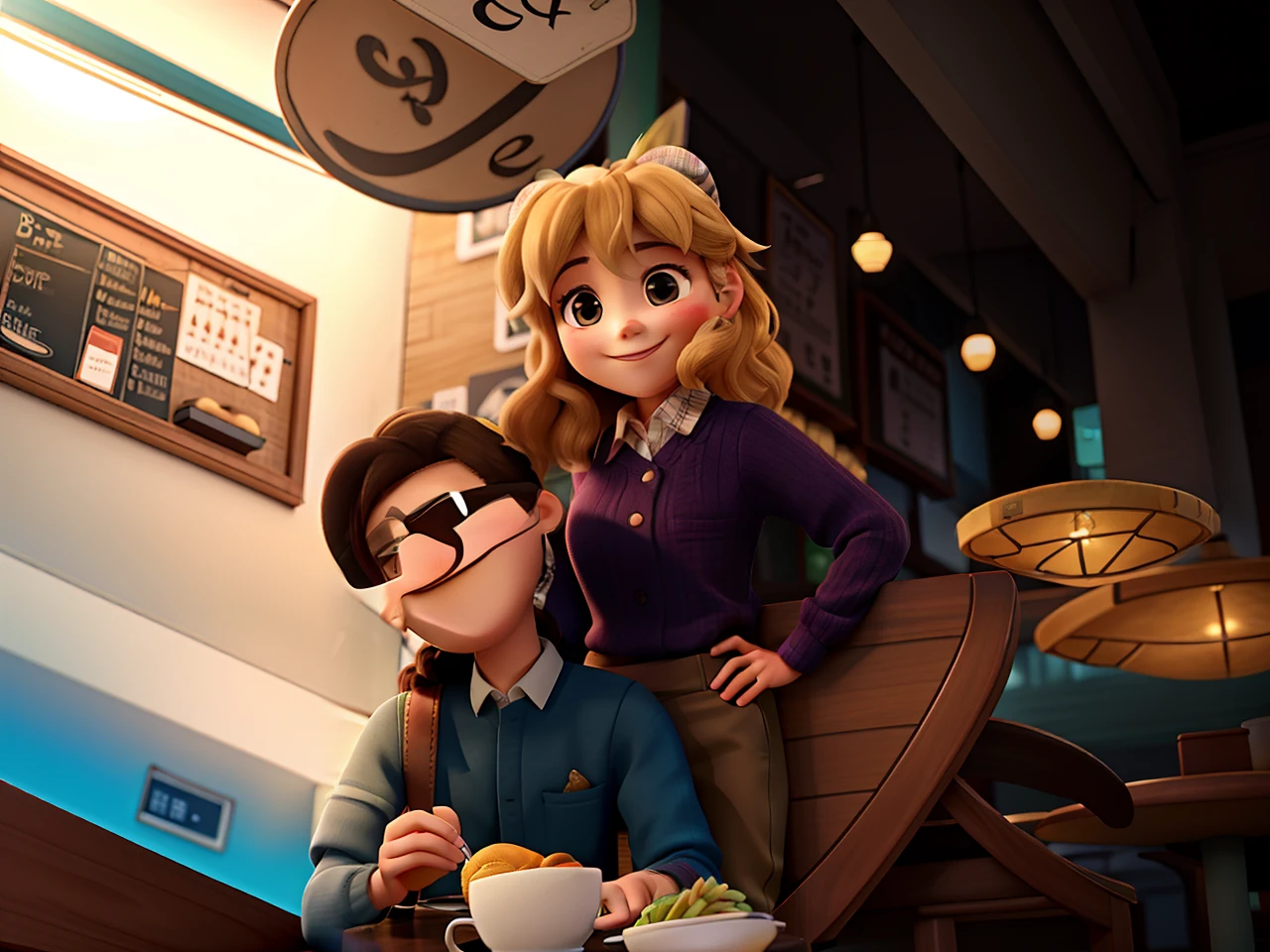 Couple at a café table smiling waiting for snack order on a cold night
