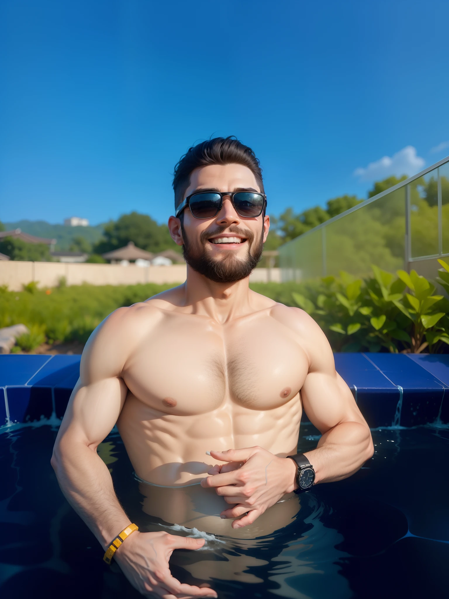 Homem 26 anos com cabelos pretos e barba marrom escura com alguns fios ruivo, Standing in a swimming pool making hand gestures next to the water, Wearing a black watch and sunglasses and smiling. Body is not very muscular and with sign of tracheostomy in the neck. It is expected that the result will be similar to the reference using Japanese style as a character