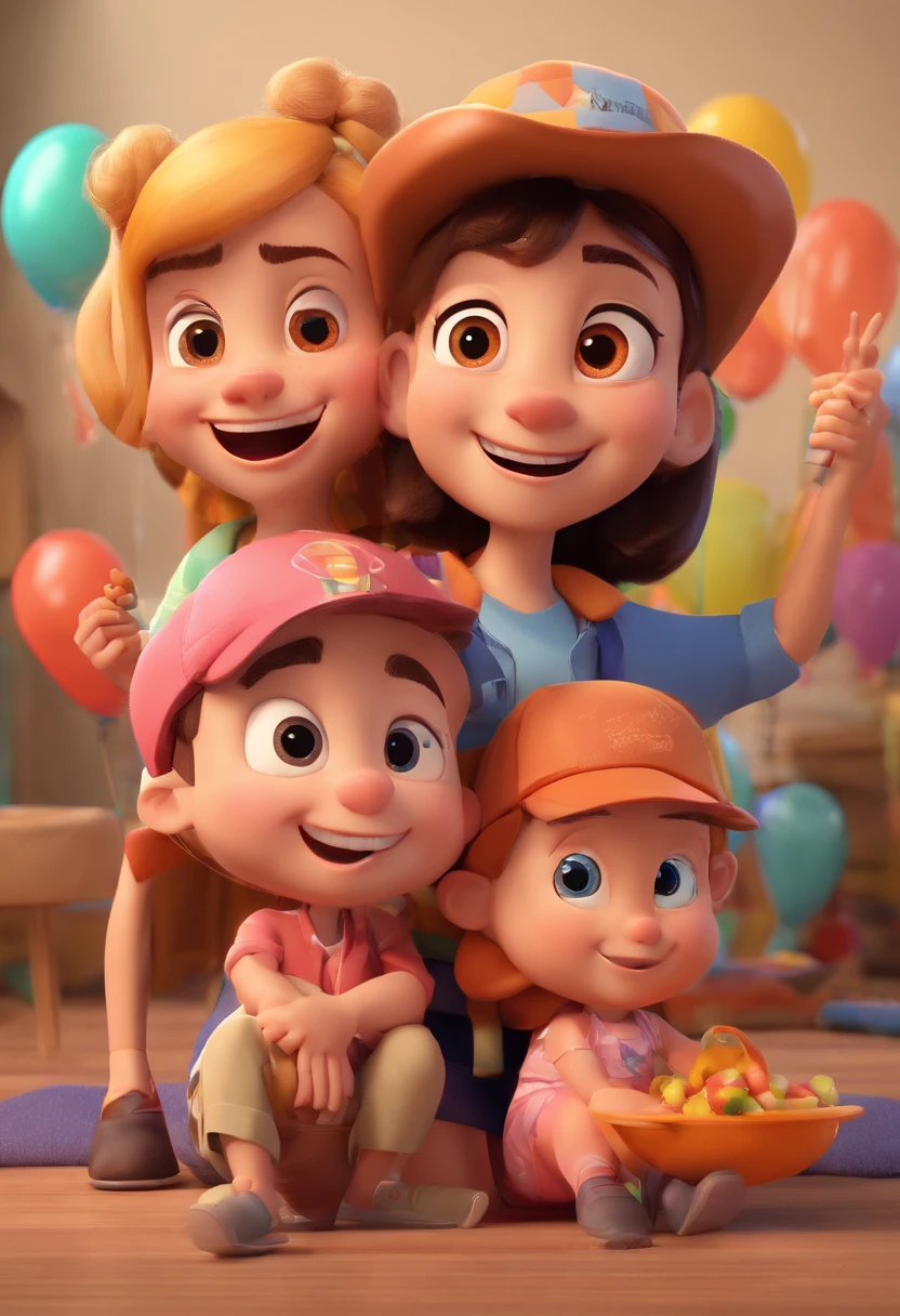 Estilo Pixar: Familia, Um pai, A mother and two girls. Uma menino de 6 anos e outro de 2 anos . Uma fazenda com vacas lindas e marrom . Desenho estilo renderizado, 3D.