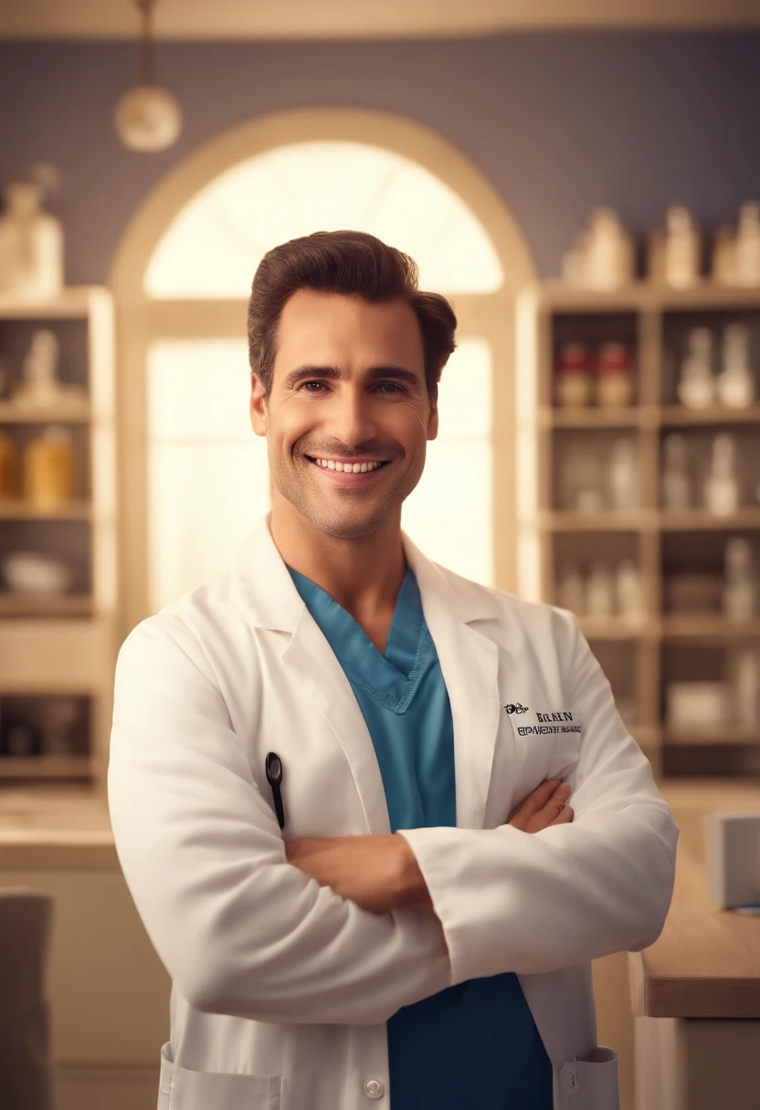 Um homem, medic, wearing a doctor's lab coat, careca, Rosto ovalado, sorriso encantador, e olhos castanhos. The background of the image should be a doctor's office with a blurred background, profundidade de campo rasa, Cinematic light, luz suave, retroiluminado, micro-detalhes, renderizado, fotorrealista, cinemactic, 85mm 1.4. Pixar style is a must, da Disney.