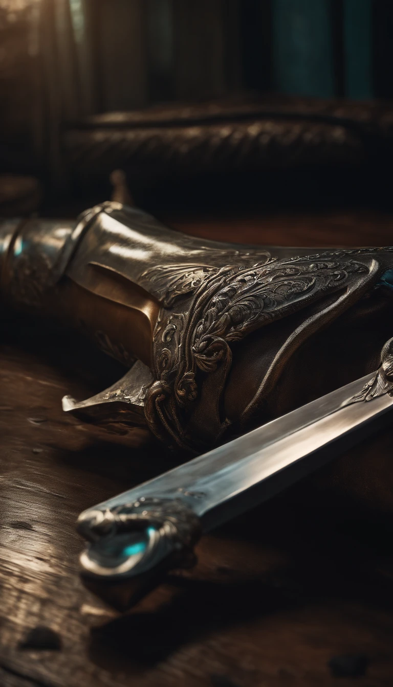 (Destacado、profissional、surreal)、espada detalhada, Espada longa, Duan Ping, metal texture, lying on floor