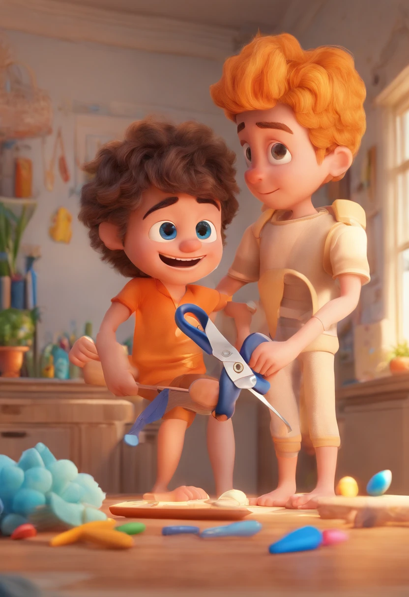 Estilo Pixar: The grown man is holding a naked blue-eyed boy and in his other hand he is holding a pair of scissors and is trying to cut off the boy's testicles,3D Poster,Disney