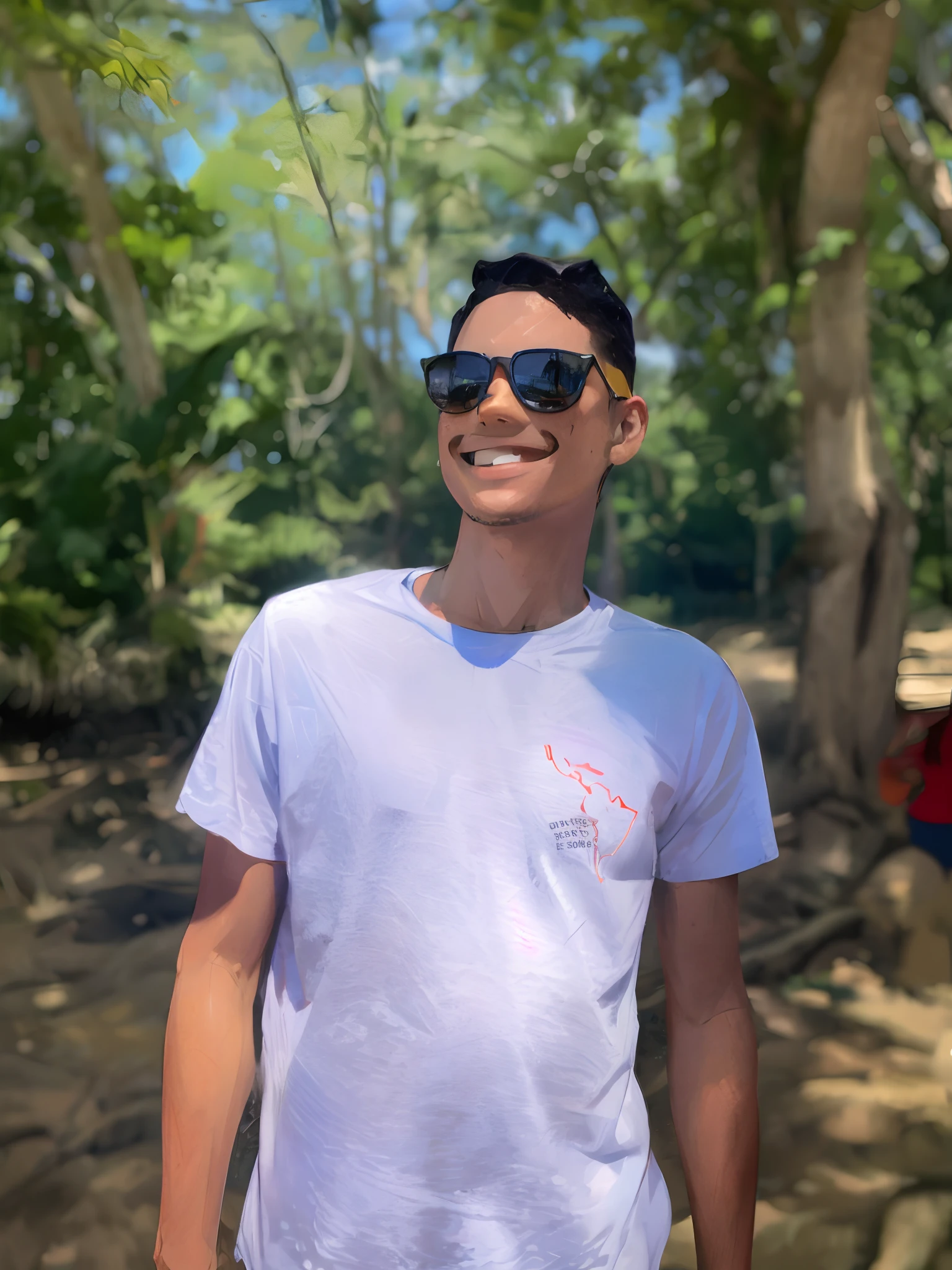 A boy with sunglasses smiling in a forest