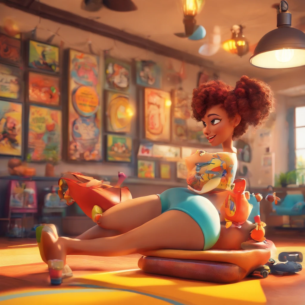 create a 3D movie poster inspired by Disney Pixar, The scene should be in Pixar's signature digital art style, com uma imagem caricatural que lembra a cantora brasileira "Anita" in the prone position, Wearing a bikini while a tattoo artist is sitting tattooing with a giant ring on one hand, inside a tattoo parlor.
