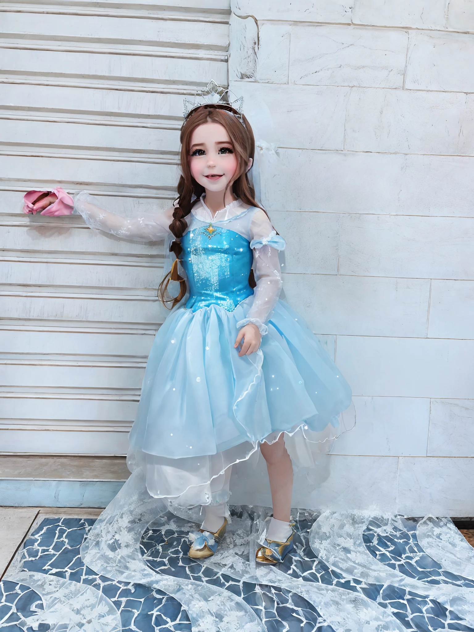 There's a girl in a princess costume posing for a picture, vestido azul gelado;, princesa bonita, sorrindo como uma rainha de fadas, corpo inteiro com traje, vestido como uma rainha, traje com detalhes azuis, traje completo, Princesa 'Kida' Kidagakash, Princesa do gelo, princesa , Elsa Congelada, vestido em um belo