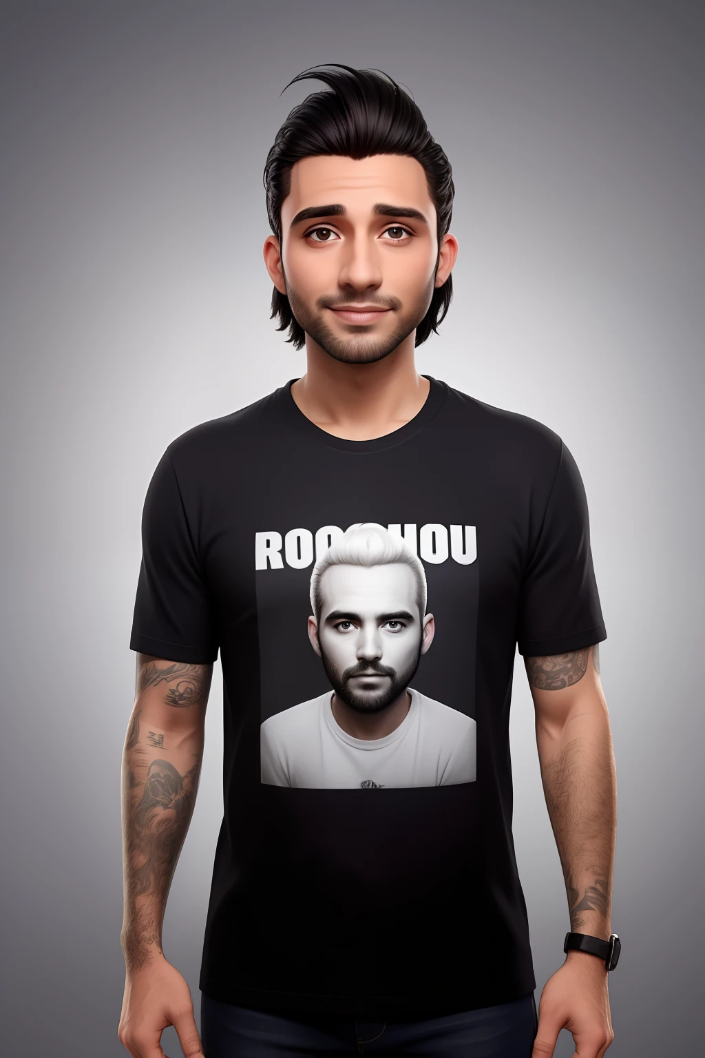 Um homem de 35 anos, com cabelos castanhos curtos,face de diamante, olhar rigoroso, e olhos pretos, vestindo camisa preta de banda de rock