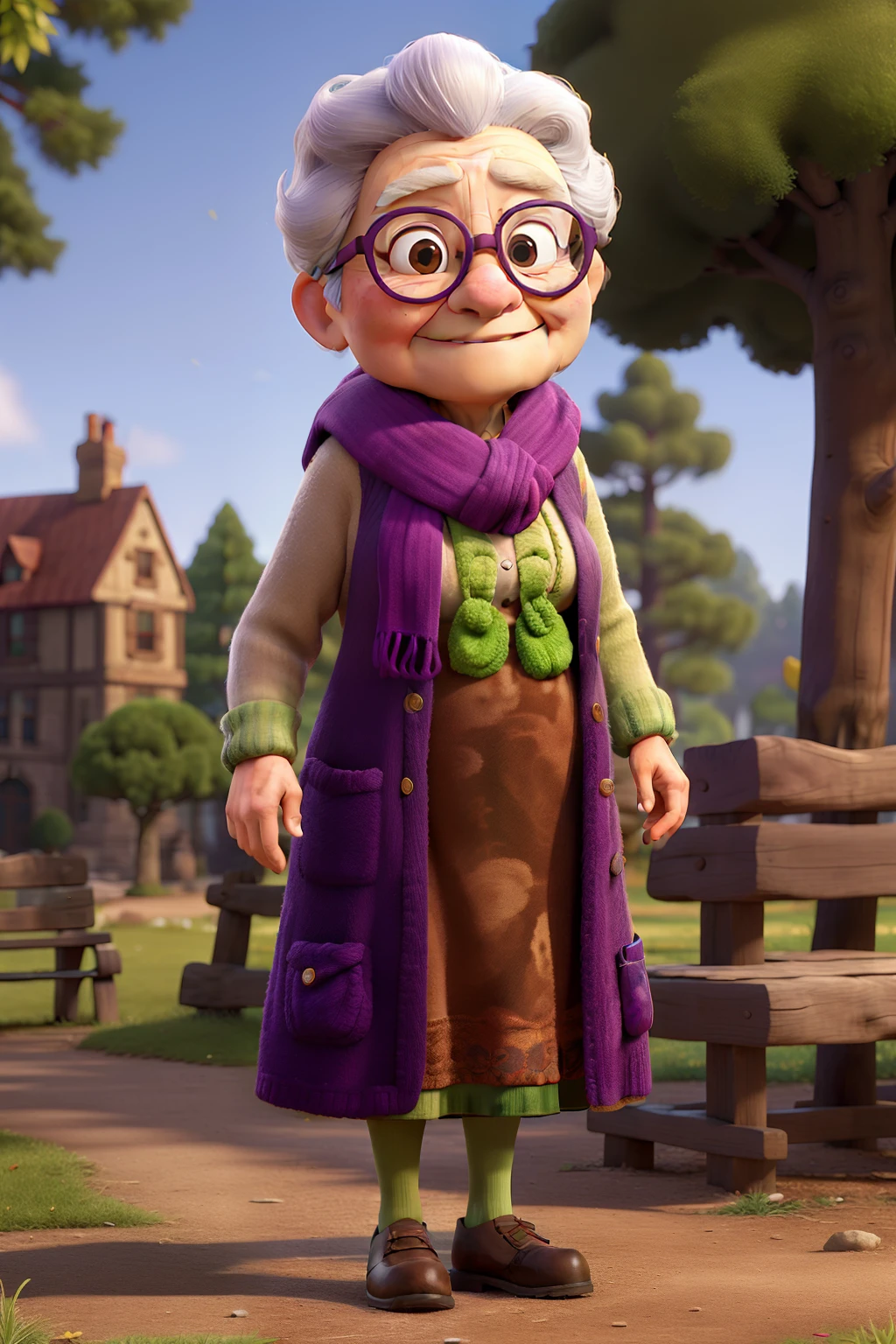 masterpiece, best quality, an old woman with glasses and a scarf on, wearing a purple coat and green scarf, standing at the park