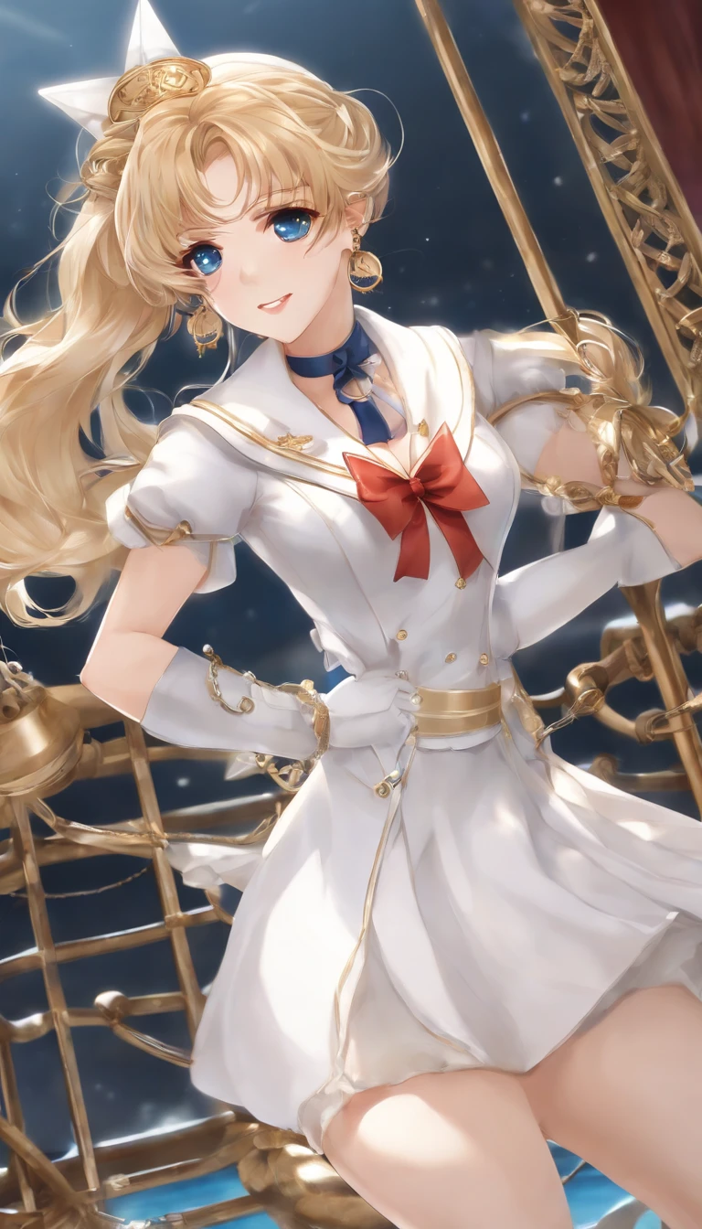 close up, 1 girl, sailor, Tsukino Usagi, (a sailor suit:1.2), (aqua eyes:0.9), Blonde hair, Medium Hair, wedge skirt, Best Quality, earrings, masutepiece, High resolution, Intricate details, (Realistic)), Photography, (White elbow gloves:1.1), Jewelry, medium breasts, Full body, dynamic background, Dynamic Pose, white