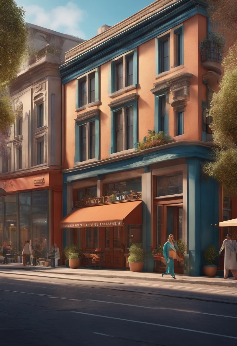 Pixar 3D-style drawing of a slimming clinic in the city center with a character in the foreground