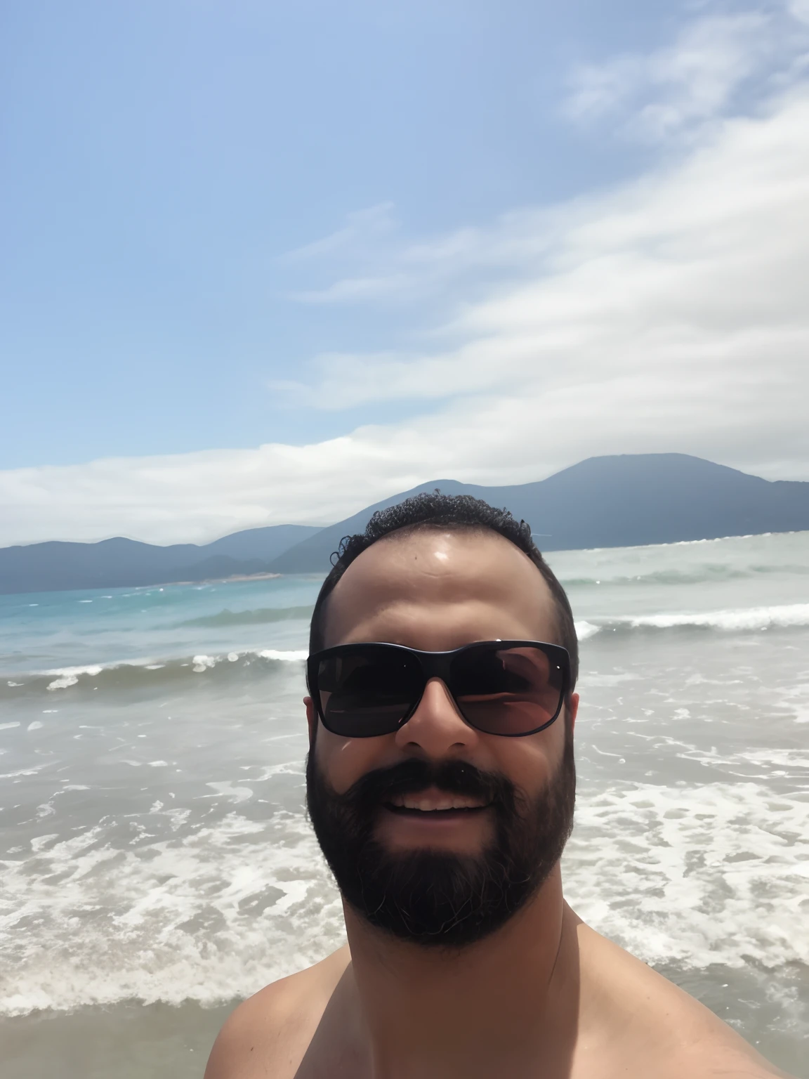 there is a man with a beard and sunglasses on a beach, posando em uma praia com o oceano, foto de praia, em uma praia tropical, oceano ao fundo, com montanhas ao fundo, com montanhas no fundo, O oceano ao fundo, standing at the beach, na praia, Homem de 4 0 anos, mar ao fundo, em uma praia