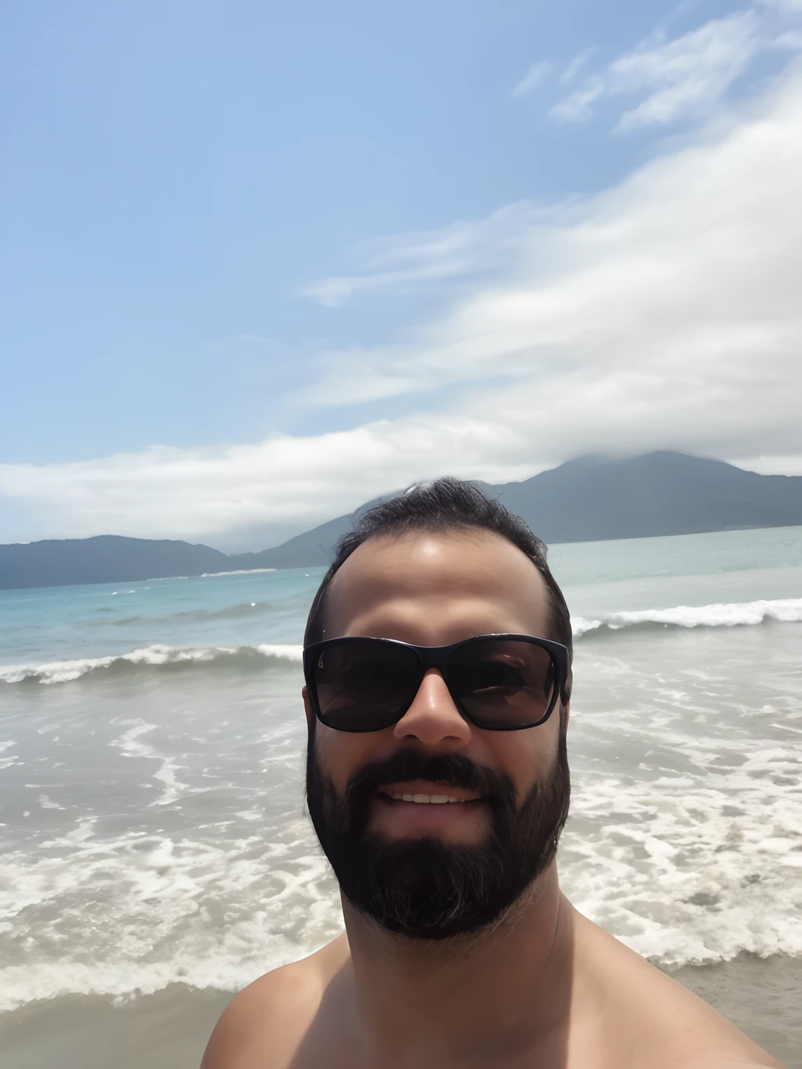 there is a man with a beard and sunglasses on a beach, posando em uma praia com o oceano, foto de praia, em uma praia tropical, oceano ao fundo, com montanhas ao fundo, com montanhas no fundo, O oceano ao fundo, standing at the beach, na praia, Homem de 4 0 anos, mar ao fundo, em uma praia