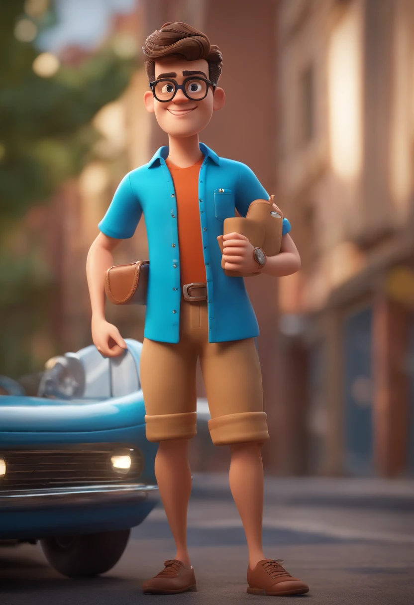 Cartoon character of a man wearing black glasses and a blue shirt, um personagem animado, Caractere estilizado, animation style rendering, 3D estilizado, Arnold Maya render, 3 d render stylized, toon render keyshot, Personagem 3D, Personagem 3D, 3d rendering stylized, 3 d character render, personagem de desenho animado, Personagem de close up, Pose de personagem, (Estilo Pixar) (master part:1.2) (Bokeh) (best quality) (pele detalhada) (textura detalhada) (8k) (argila) (Cinematic lighting) (foco nítido，Senta e vaza a parte superior do corpo