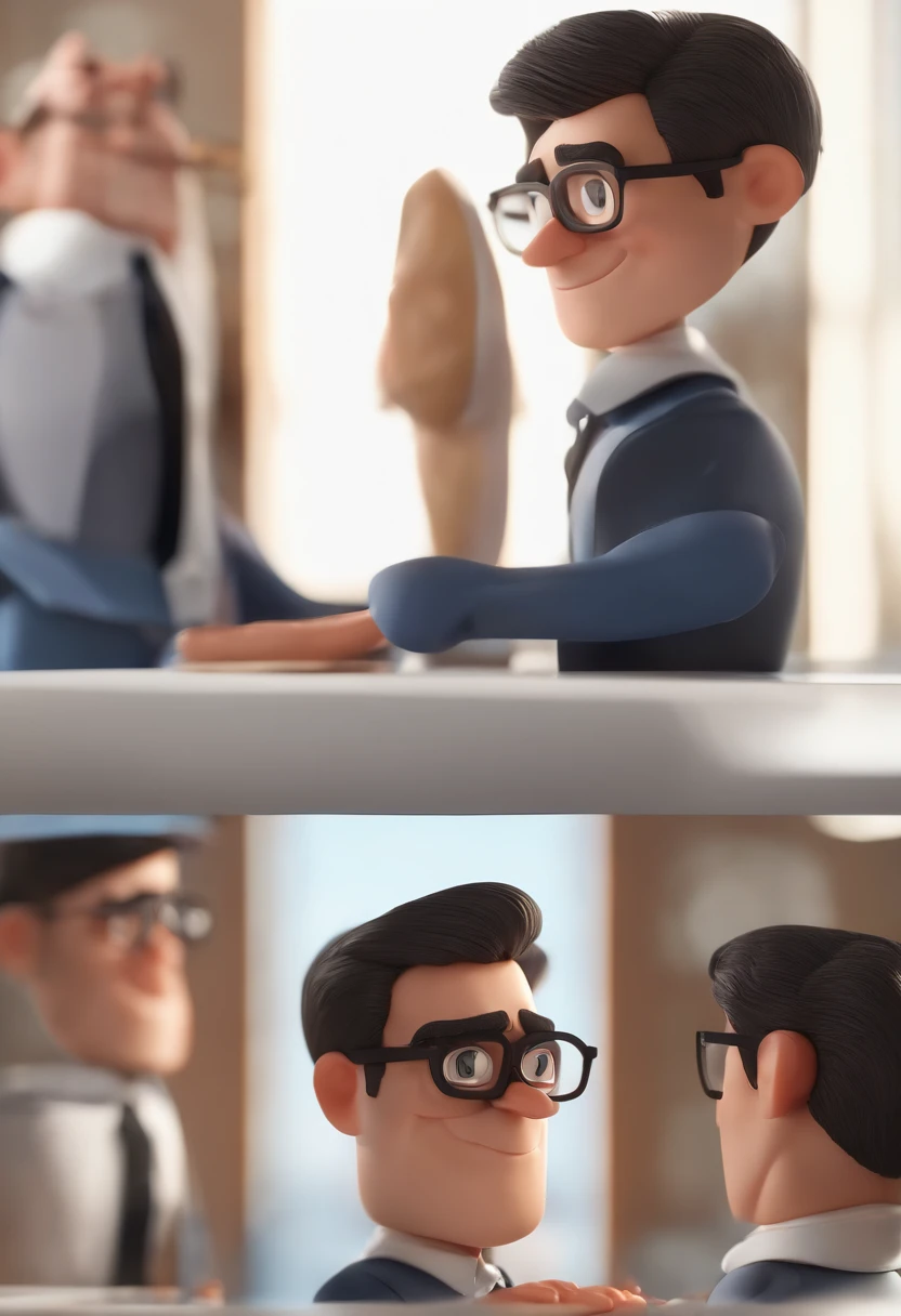 Cartoon character of a man wearing black glasses and a blue shirt, um personagem animado, Caractere estilizado, animation style rendering, 3D estilizado, Arnold Maya render, 3 d render stylized, toon render keyshot, Personagem 3D, Personagem 3D, 3d rendering stylized, 3 d character render, personagem de desenho animado, Personagem de close up, Pose de personagem, (Estilo Pixar) (master part:1.2) (Bokeh) (best quality) (pele detalhada) (textura detalhada) (8k) (argila) (Cinematic lighting) (foco nítido，Senta e vaza a parte superior do corpo