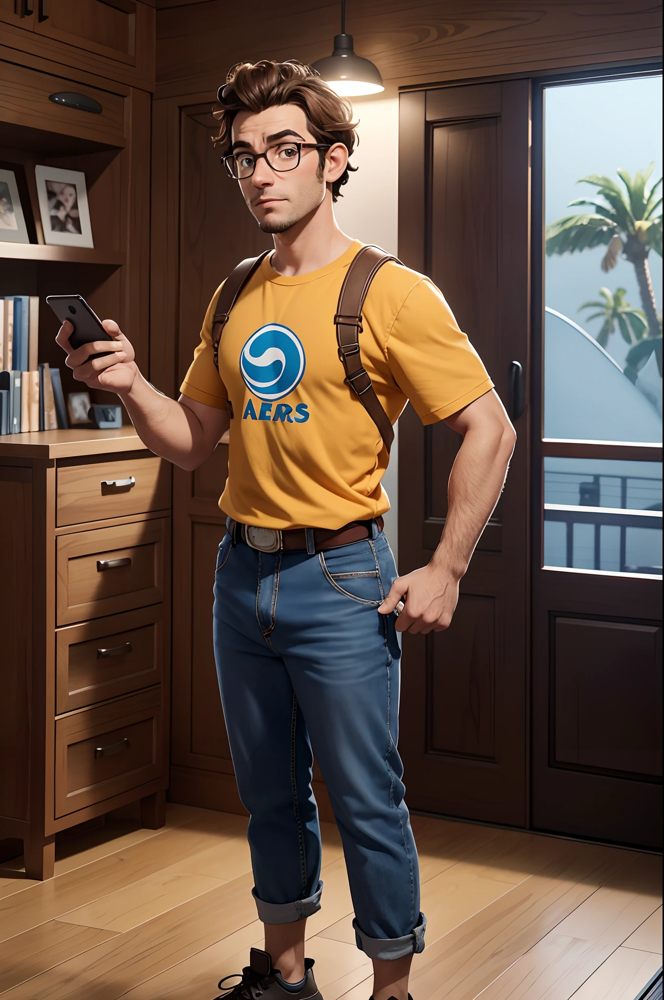 Cartoon character of a man with glasses transparent color, Brunette curly hair tied up brown There's a man standing in a room holding a cell phone, full body profile camera shot, segurando um gimbal de celular, taken in early 2023, imagem de corpo inteiro, holding it out to the camera, looking away from camera,foto de um homem (Estilo Pixar) (best quality) (pele detalhada) (textura detalhada) (8k) (argila) (Cinematic lighting) (foco nítido