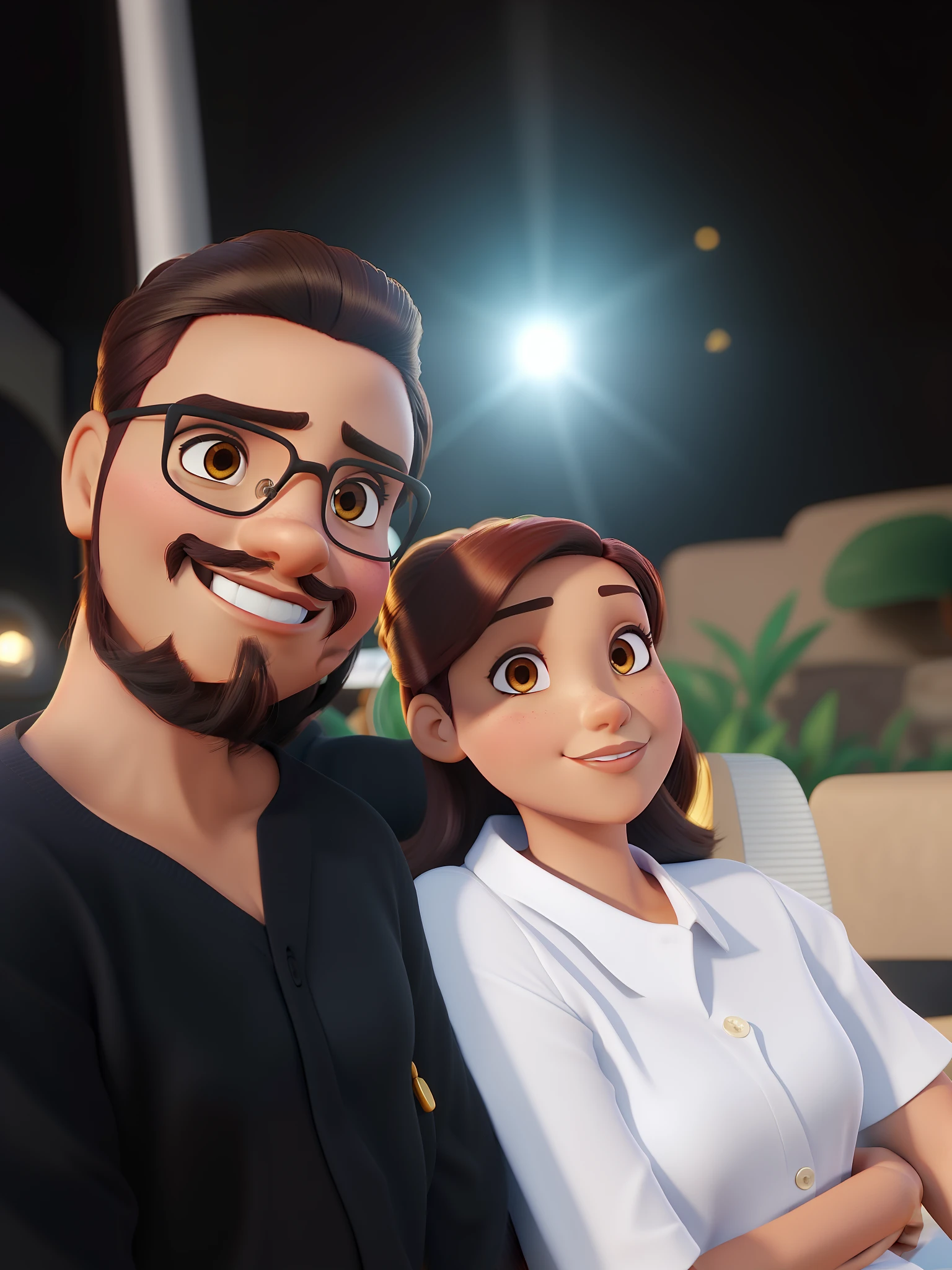 Casal (mulher morena cabelos curtos e enrolados e mulher morena, cabelo liso) no estilo Disney Pixar, alta qualidade, melhor qualidade.