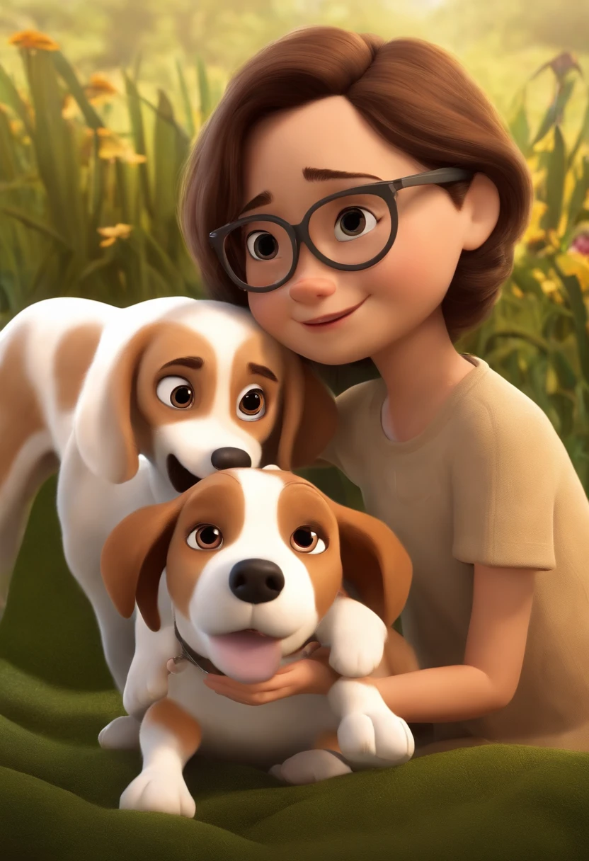 Pixar. Casal com um filhote de cachorro beagle marrom. A menina tem os cabelos pretos longos soltos, vestido preto, black glasses, is Asian. O menino de cabelos pretos, com cabelos crespos, pele morena bronzeada,  beige jeans, e camisa branca. They're both smiling and they're hugging.