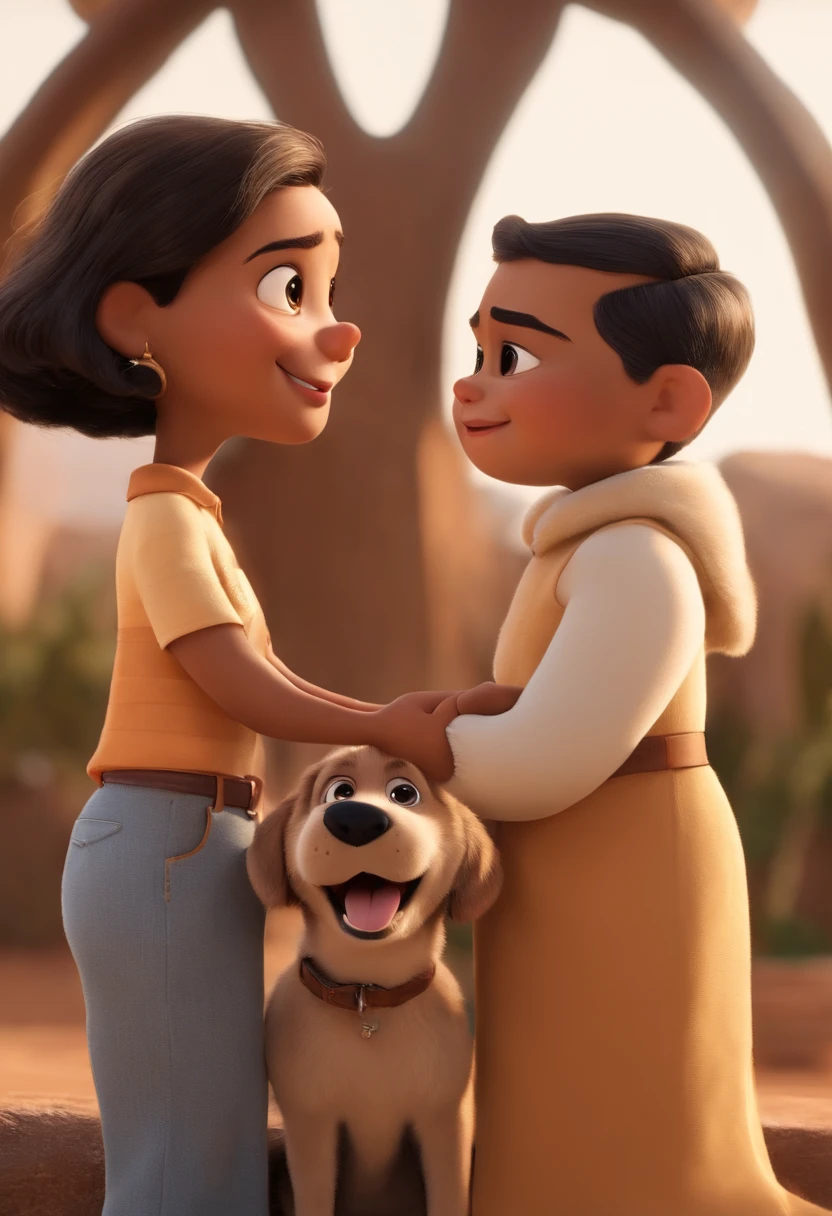 Pixar. Casal com um filhote de cachorro beagle marrom. A menina tem os cabelos pretos longos soltos, vestido preto, black glasses, is Asian. O menino de cabelos pretos, com cabelos crespos, pele morena bronzeada,  beige jeans, e camisa branca. They're both smiling and they're hugging.