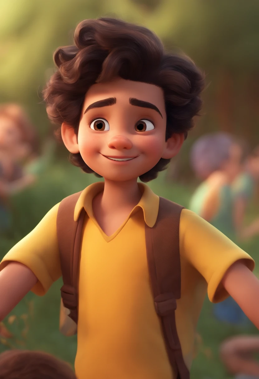 Image of a boy for a story in a YouTube video in Pixar format, He's the little allabester, He's the class leader, He's outgoing, Playful and gets up for a lot of things, cabelo curto