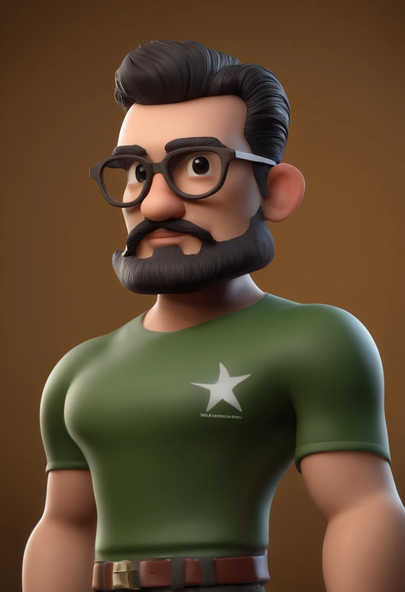 Cartoon character of a man with dark lensed olive green glasses and a black t-shirt, cabelo baixo careca , With beard and old school tattoo on his arm, animation character, Caractere estilizado, animation style rendering, 3D estilizado, Arnold Maya render, 3 d render stylized, toon render keyshot, Personagem 3D, Personagem 3D, 3d rendering stylized, 3 d character render, personagem de desenho animado, Personagem de close up, Pose de personagem, (Estilo Pixar) (master part:1.2) (Bokeh) (best quality) (pele detalhada) (textura detalhada) (8k) (argila) (Cinematic lighting) (foco nítido