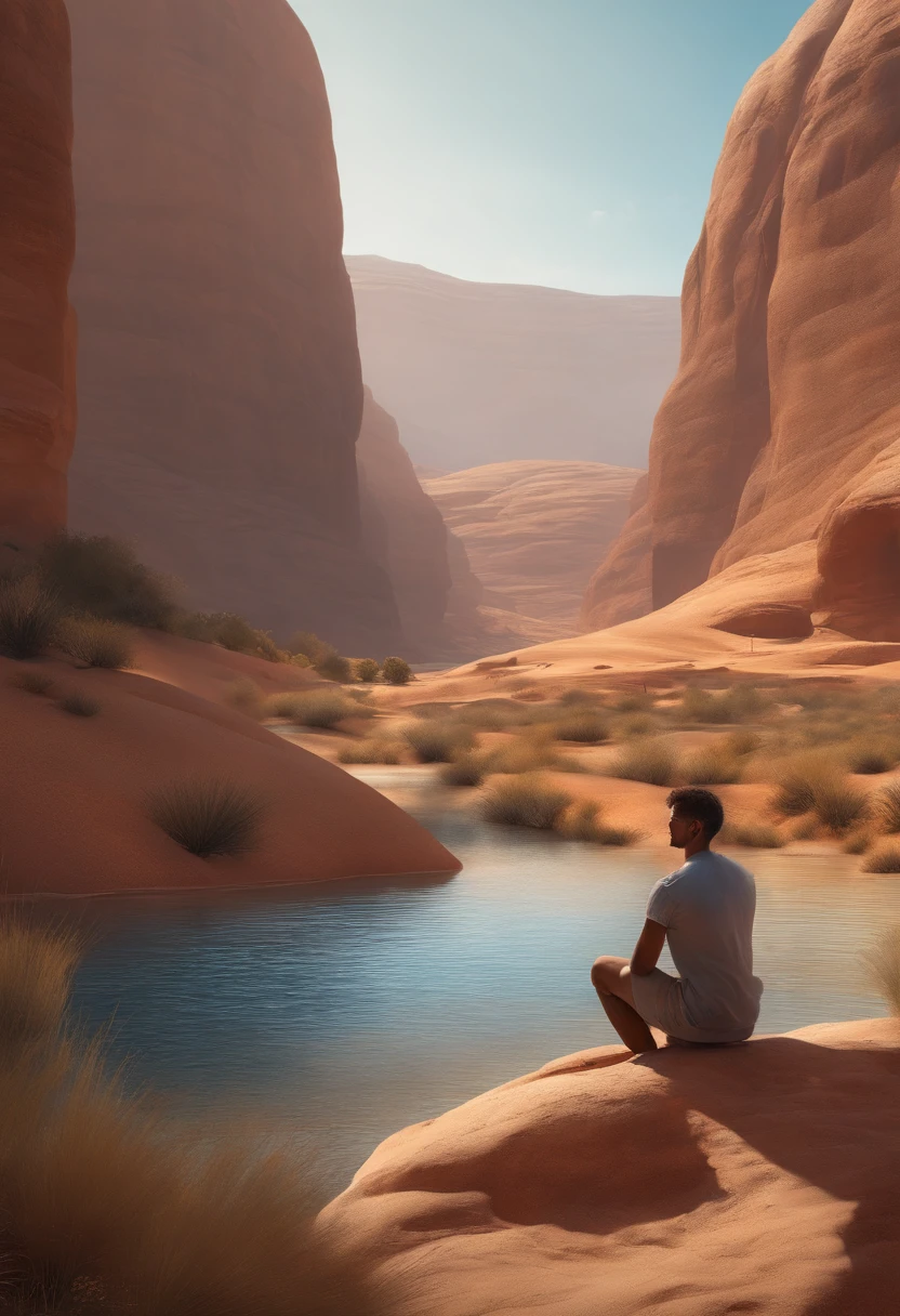 lindamente desenhado, alta qualidade, Ultra-detailed CG illustration of a young man with a serene expression, olhando ao longe com seus impressionantes cabelos azuis claros ondulando suavemente na brisa do deserto. The scenery behind him is vast and breathtaking, drawing viewers into a world of wonder and exploration.