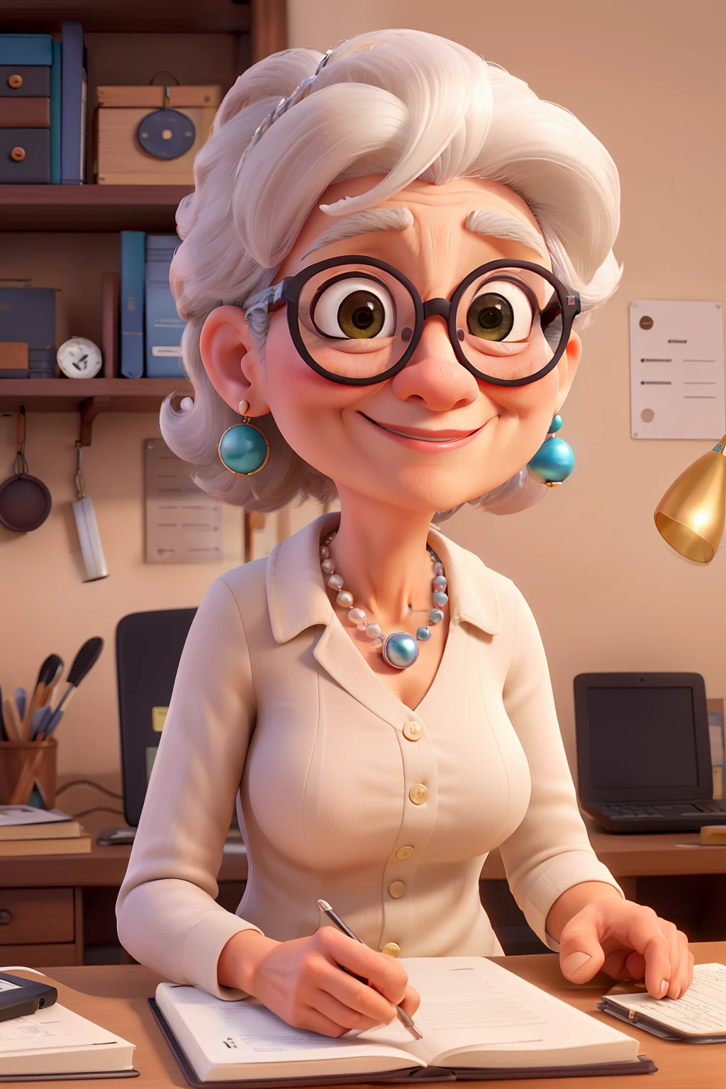 Obra-prima, de melhor qualidade, uma mulher de 65 anos com cabelos compridos castanho, Wearing kitten-style glasses, Pearl earring , sentada trabalhando na frente de um notebook