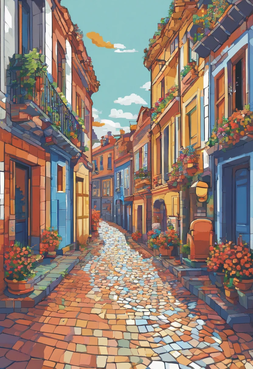 A charming cobblestone street,Lined with quirky shops and cafes, Each façade of the building is painted with extravagant and vibrant murals,Cenas que retratam o folclore e a cultura local, Joy and artistic energy radiate from every corner, mixed media collage, Fotografia combinada com pintura digital. In disney pixal drawing there is a medium-sized dark-haired woman, sorridente de estilo despojada, Dressed in a blazer, t-shirt, pants and sneakers in white and blue colors, corretora de imoveis. In pose for photos with open arms showcasing the landscape.