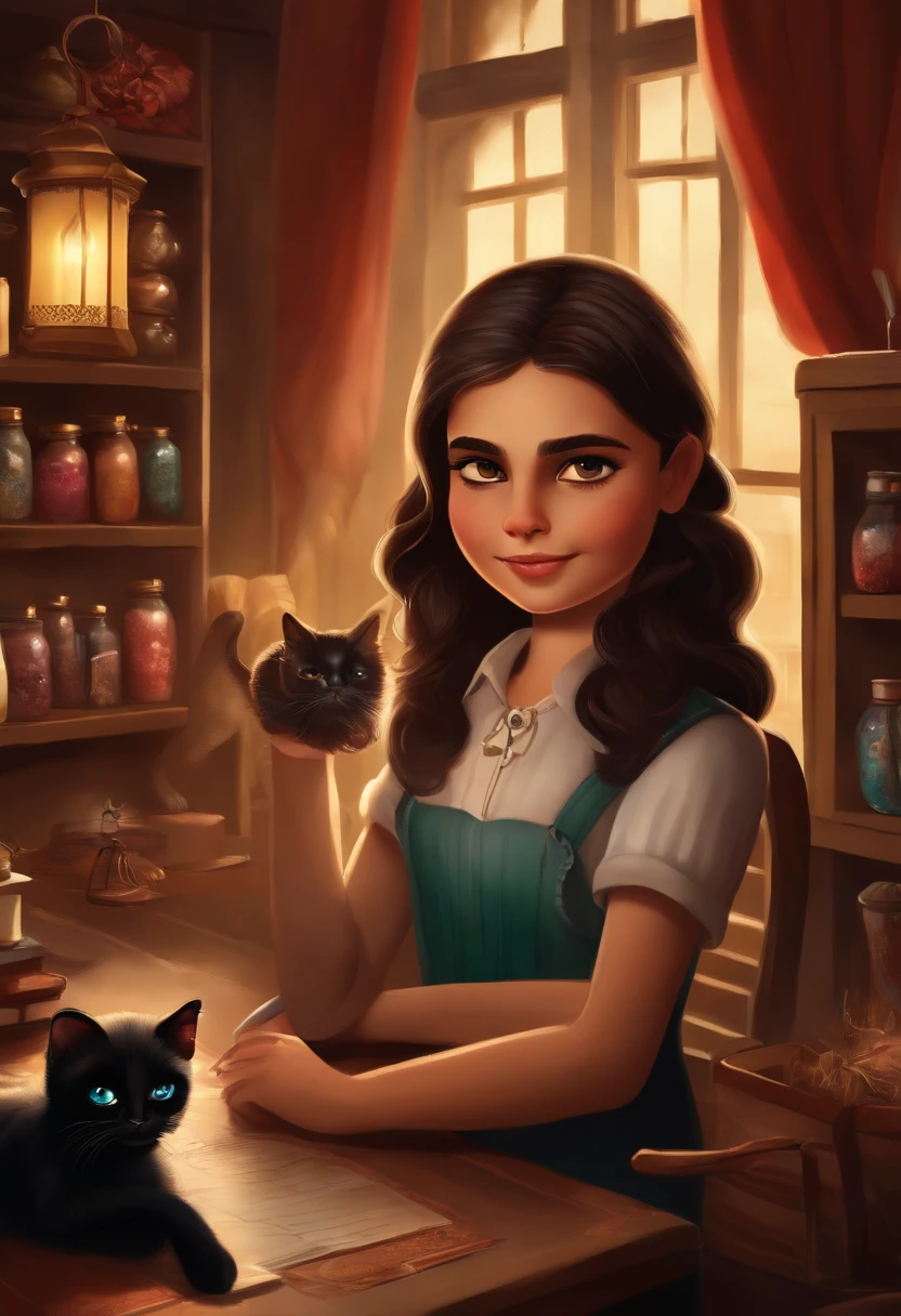 Menina artista 10 anos, medium dark brown hair, olhos castanhos, bonito, segurando canetas fofas, With her Siamese cat and her black cat in nice stationery shop,