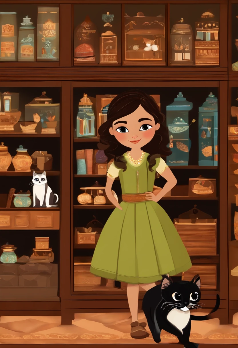 artista 10 anos, medium dark brown hair, olhos castanhos, bonito, segurando canetas fofas, With her Siamese cat and her black cat in nice stationery shop,