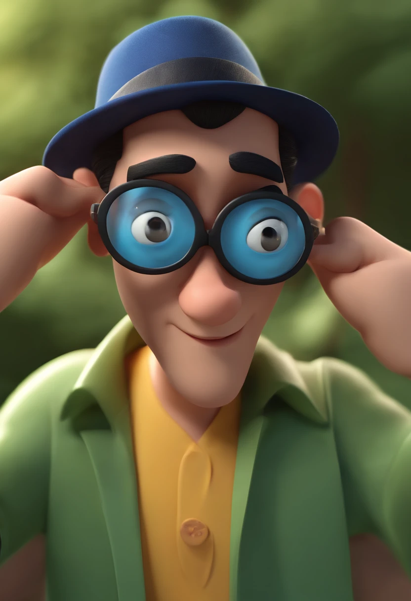 Cartoon character of a man wearing black glasses and a blue shirt, um personagem animado, Caractere estilizado, animation style rendering, 3D estilizado, Arnold Maya render, 3 d render stylized, toon render keyshot, Personagem 3D, Personagem 3D, 3d rendering stylized, 3 d character render, personagem de desenho animado, Personagem de close up, Pose de personagem, (Estilo Pixar) (master part:1.2) (Bokeh) (best quality) (pele detalhada) (textura detalhada) (8k) (argila) (Cinematic lighting) (foco nítido,Senta e vaza a parte superior do corpo