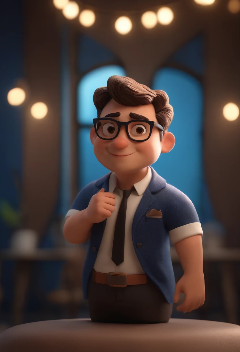 Cartoon character of a man wearing black glasses and a blue shirt, um personagem animado, Caractere estilizado, animation style rendering, 3D estilizado, Arnold Maya render, 3 d render stylized, toon render keyshot, Personagem 3D, Personagem 3D, 3d rendering stylized, 3 d character render, personagem de desenho animado, Personagem de close up, Pose de personagem, (Estilo Pixar) (master part:1.2) (Bokeh) (best quality) (pele detalhada) (textura detalhada) (8k) (argila) (Cinematic lighting) (foco nítido，Senta e vaza a parte superior do corpo