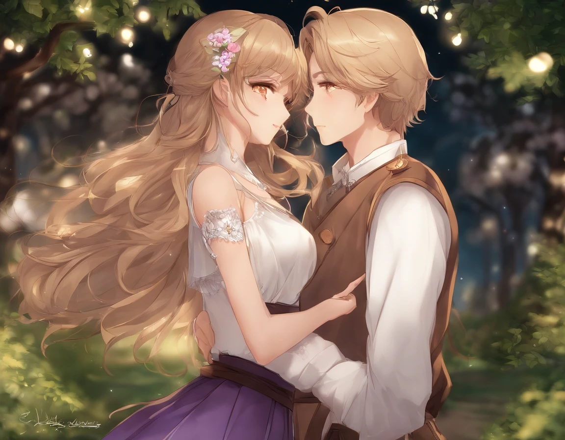 Ultra Qualidade, master part, anime, 2D, animation, Japanese style art, colorful japanese manga, 2 s, medium blonde hair and lilac eyes, medium brown hair and brown eyes, roupas casuais, saia, camiseta, vestir, French kiss, beijo na boca, Tongue kiss, intimate, NSFW, saliva, Standing, rostos corados, olhos fechados, Noite, Dark lighting, Estrelas, lua, banco, brazi, verde, grama, parque