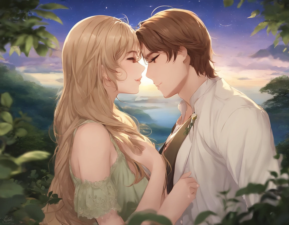 Ultra Qualidade, master part, anime, 2D, animation, Japanese style art, colorful japanese manga, 2 meninas, medium blonde hair and lilac eyes, medium brown hair and brown eyes, roupas casuais, saia, camiseta, vestir, French kiss, beijo na boca, Tongue kiss, intimate, NSFW, saliva, Standing, rostos corados, olhos fechados, Noite, Dark lighting, Estrelas, lua, banco, brazi,  verde, grama, parque