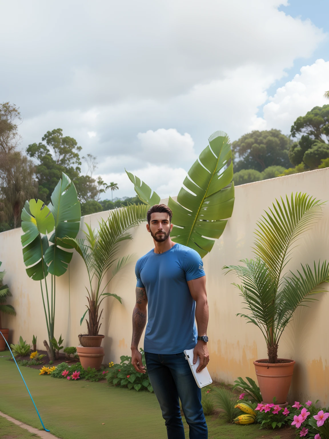 There's a man standing on the grass with a frisbee, com palmeiras nas costas, grandes plantas no fundo, palmeiras no fundo, icaro carvalho, folhas grandes, david rios ferreira, ao lado de uma planta, caio santos, standing in a botanical garden, trees in the background, folhas grandes, bananeiras, tree palms in background