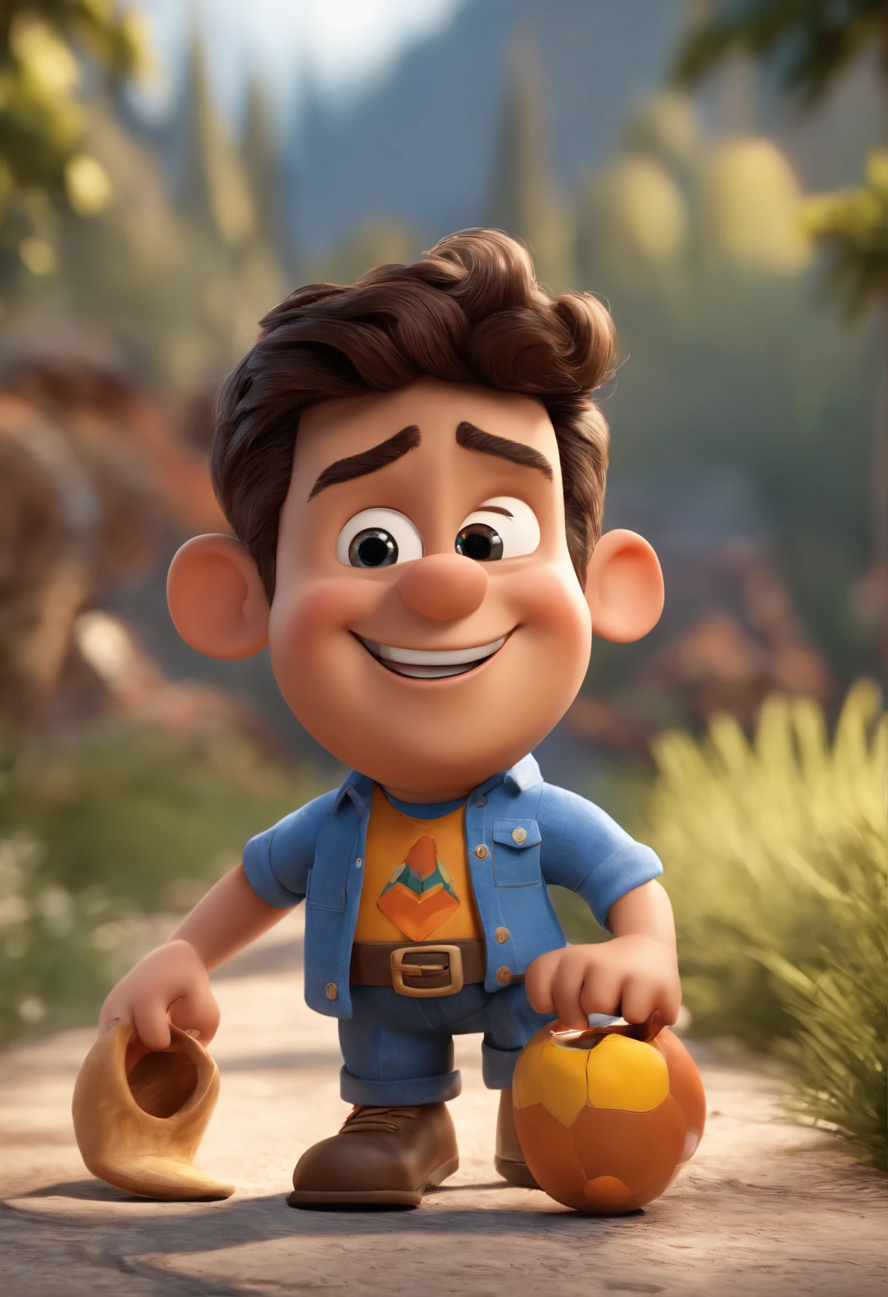 Personagem de desenho animado estilo pixar homem com 40 anos sorridente com camisa azul, com cabelos pretos, olhos castanhos, Caractere estilizado, animation style rendering, 3D estilizado, Arnold Maya render, 3 d render stylized, toon render keyshot, Personagem 3D, Personagem 3D, 3d rendering stylized, 3 d character render, personagem de desenho animado, Personagem de close up, Pose de personagem, (Estilo Pixar) (master part:1.2) (Bokeh) (melhor qualidade) (pele detalhada) (textura detalhada) (8k) (argila) (Cinematic lighting) (foco nítido，Senta e vaza a parte superior do corpo