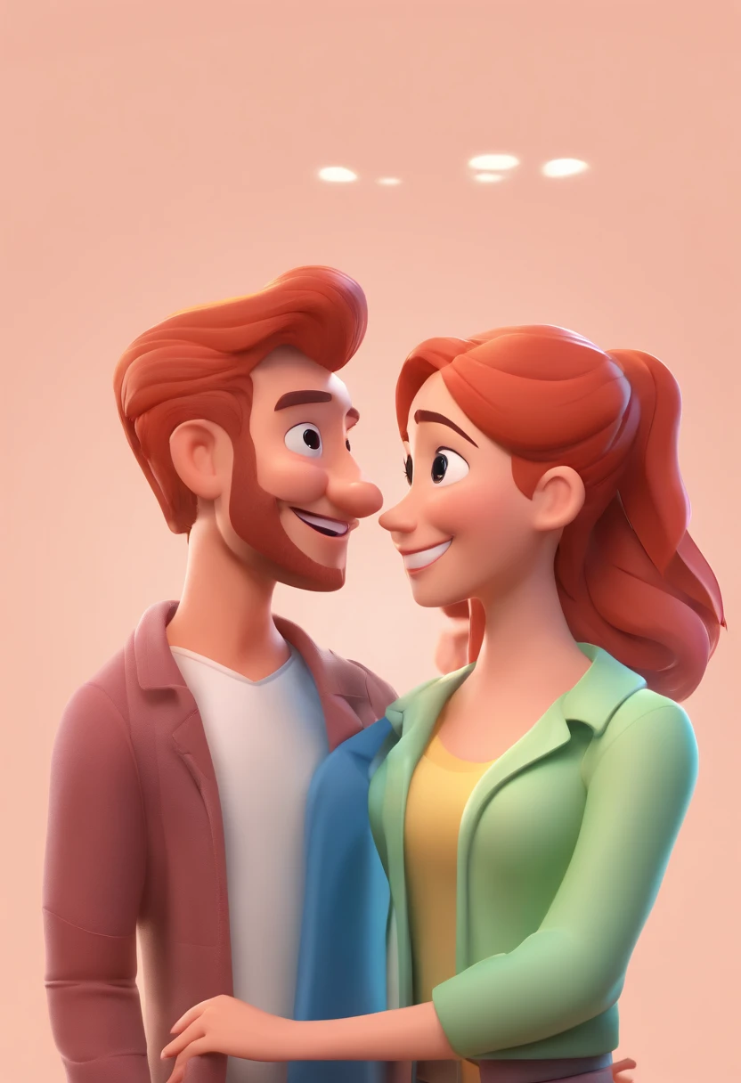 An illustration of an adorable couple, Spotlight on a red-haired man with a smiling beard and a brunette woman with beautiful expressive eyes - the man's skin is white and the man's hair is red-haired, while the woman's skin is white and the woman's hair is straight and black. They are a bright room, cada um com um sorriso no rosto, e compartilhar um momento especial caracterizado pelo amor, Insights. Illustrate this scene from a perspective where they are facing the camera, Smiling and Showing Your Connection. Desenvolva esta arte em Full HD, Focus on your cinematic touch, Estilo Disney Pixar Animations