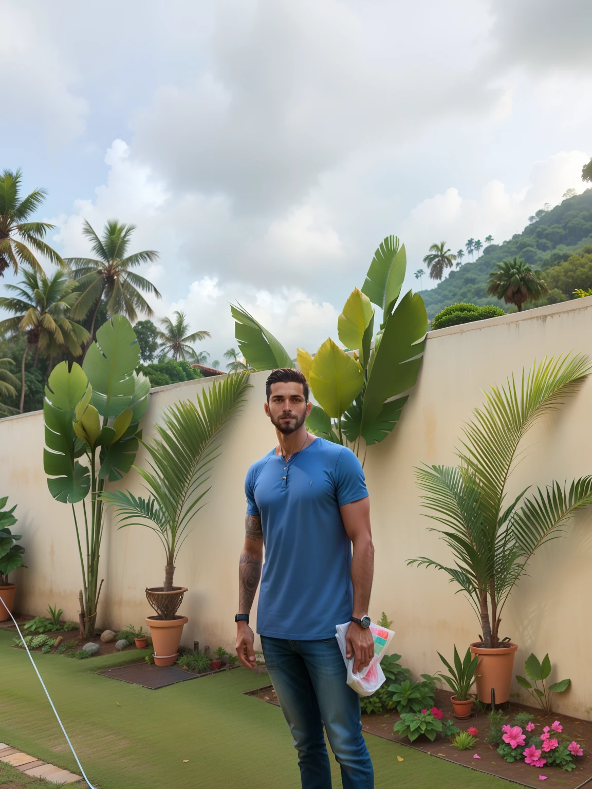 There's a man standing on the grass with a frisbee, com palmeiras nas costas, grandes plantas no fundo, palmeiras no fundo, icaro carvalho, folhas grandes, david rios ferreira, ao lado de uma planta, caio santos, standing in a botanical garden, trees in the background, folhas grandes, bananeiras, tree palms in background