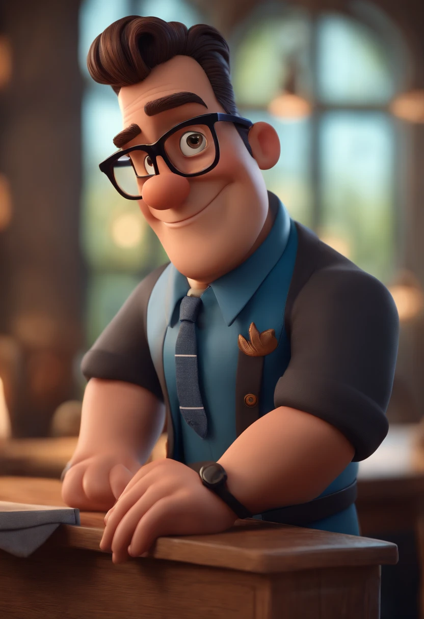 Cartoon character of a man with black glasses and a blue shirt, animation character, Caractere estilizado, animation style rendering, 3D estilizado, Arnold Maya render, 3 d render stylized, toon render keyshot, Personagem 3D, Personagem 3D, 3d rendering stylized, 3 d character render, personagem de desenho animado, Personagem de close up, Pose de personagem,  (Estilo Pixar) (master part:1.2) (Bokeh) (best quality) (pele detalhada) (textura detalhada) (8k) (argila) (Cinematic lighting) (foco nítido