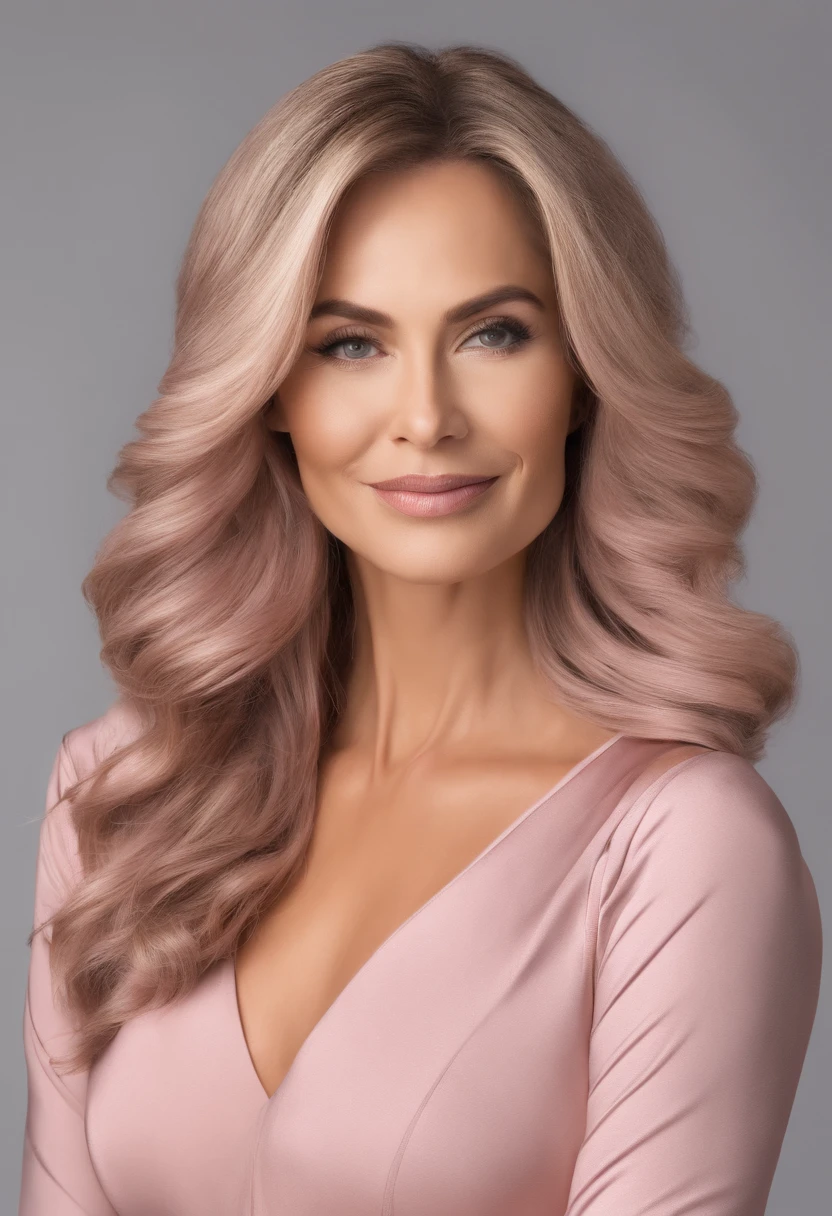 Mulher de 40 anos, cabelo rosa, atleta, vestindo roupa de academia colorida, dentro de um estudio de pilates com rosto nitido iluminado pelo sol que entra pela janela