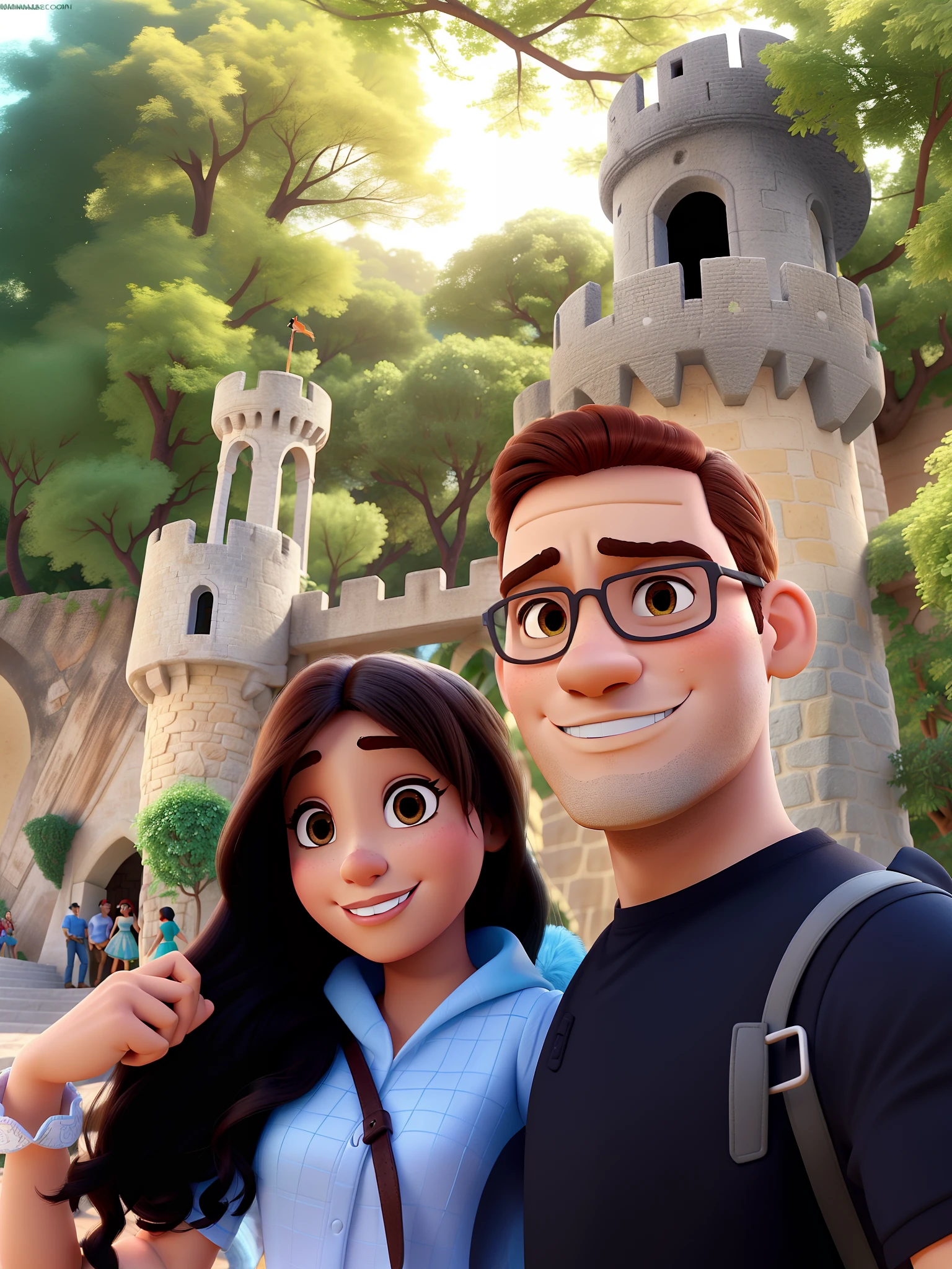 Casal (mulher morena e homem branco) no estilo Disney Pixar, alta qualidade, melhor qualidade. Com o fundo de um castelo
