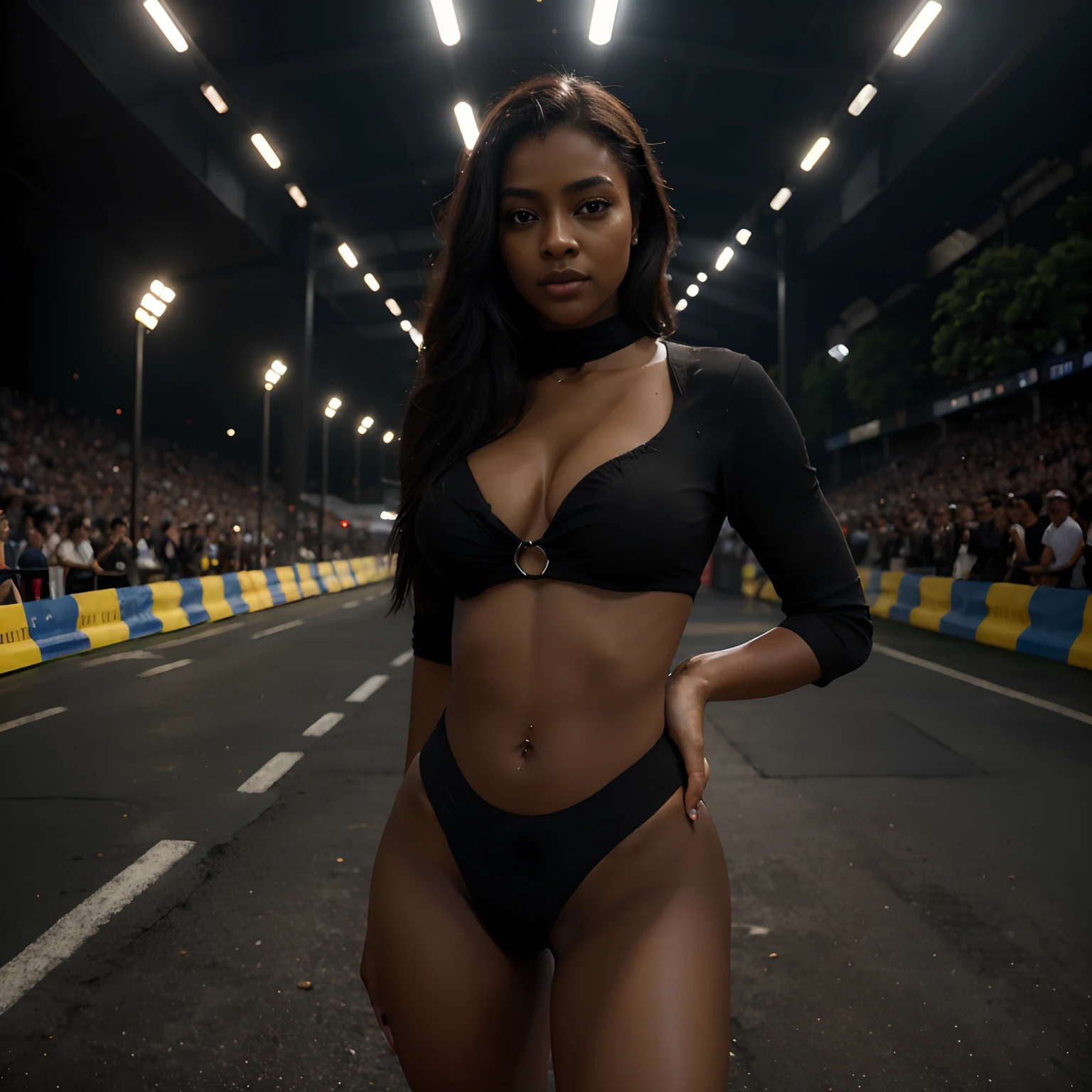 Unreal Engine 5 Realistic Rendering, mulher negra, randome pose, 、blusa de moletom preta、 Beleza requintada、beautiful face, Forma do corpo do modelo slim, Seios colossais, reluzente, corpo brilhante molhado, Cabelos preto estilo black power, (((Beleza da pele negra escura))), Neons、Large crowds、audience、Formando um imperador、Corrida de arrasto、Mid-Summer Racing Circuit、carro de corrida、Grau inferior、Large crowds、Espectadores、