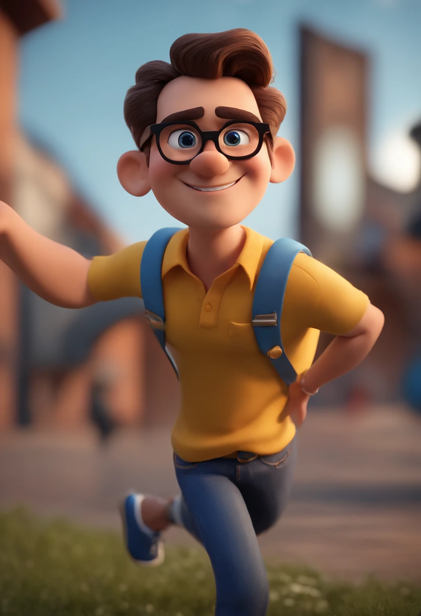 Cartoon character of a man with black glasses and a blue shirt, animation character, Caractere estilizado, animation style rendering, 3D estilizado, Arnold Maya render, 3 d render stylized, toon render keyshot, Personagem 3D, Personagem 3D, 3d rendering stylized, 3 d character render, personagem de desenho animado, Personagem de close up, Pose de personagem,  (Estilo Pixar) (master part:1.2) (Bokeh) (best quality) (pele detalhada) (textura detalhada) (8k) (argila) (Cinematic lighting) (foco nítido