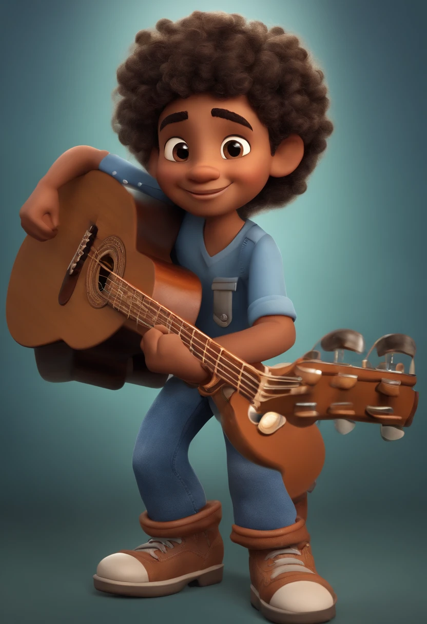 crie um banner no estilo Pixar. A boy with Indian features, moreno pardo com cabelos curtos, Castanhos escuros, Curly and slightly grayish appearance, mas jovem, usando uma camiseta, Wearing jeans and holding a classical guitar with 7 strings.