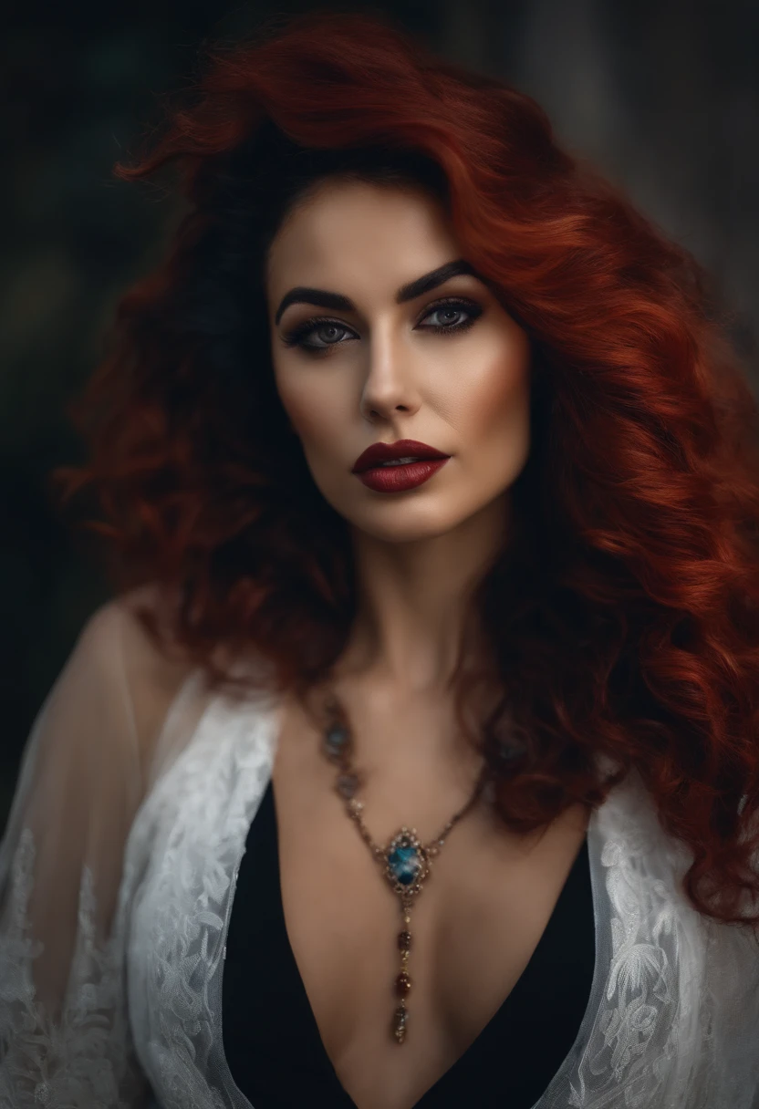 Mulher branca com piercing no nariz, cabelo vermelho intenso escuro, escarlate, olhos cor de mel, vestido preto e nariz grande
