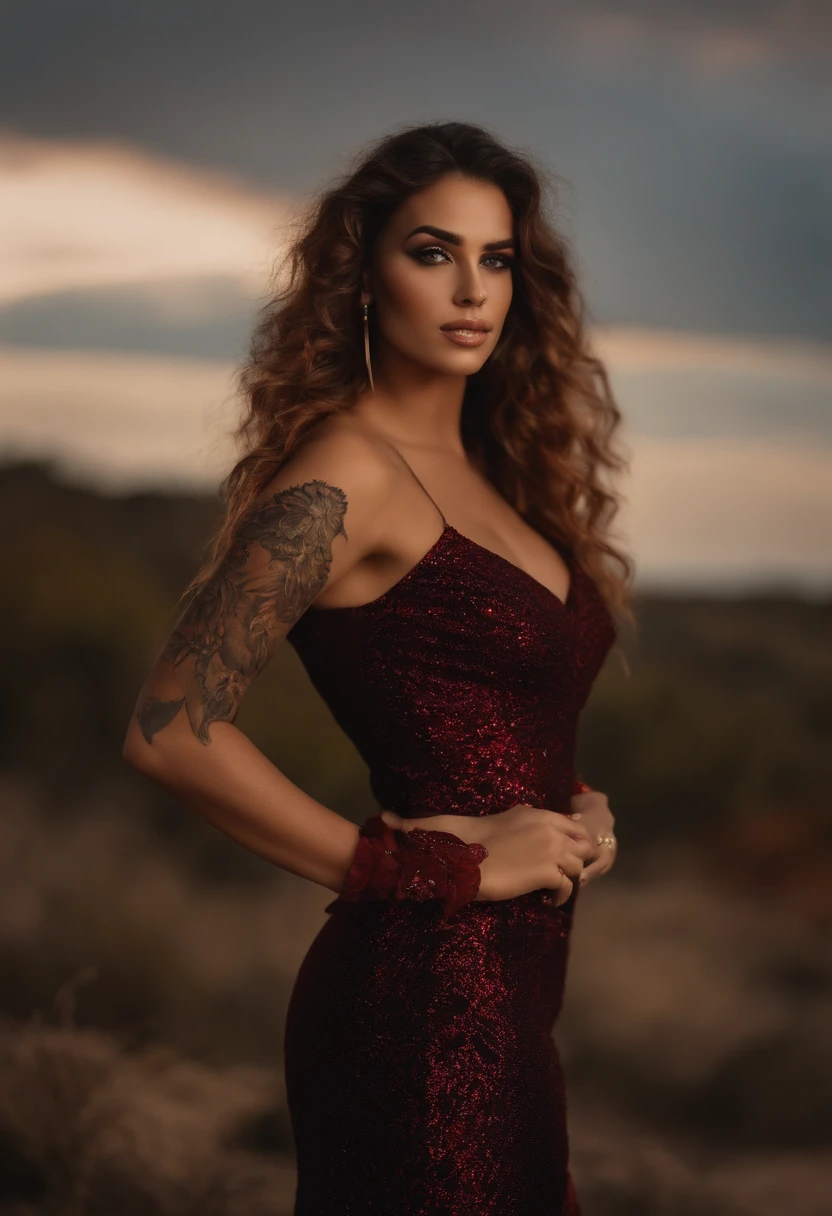 Mulher branca com piercing no nariz, cabelo vermelho intenso escuro, escarlate, olhos cor de mel, vestido preto e nariz grande