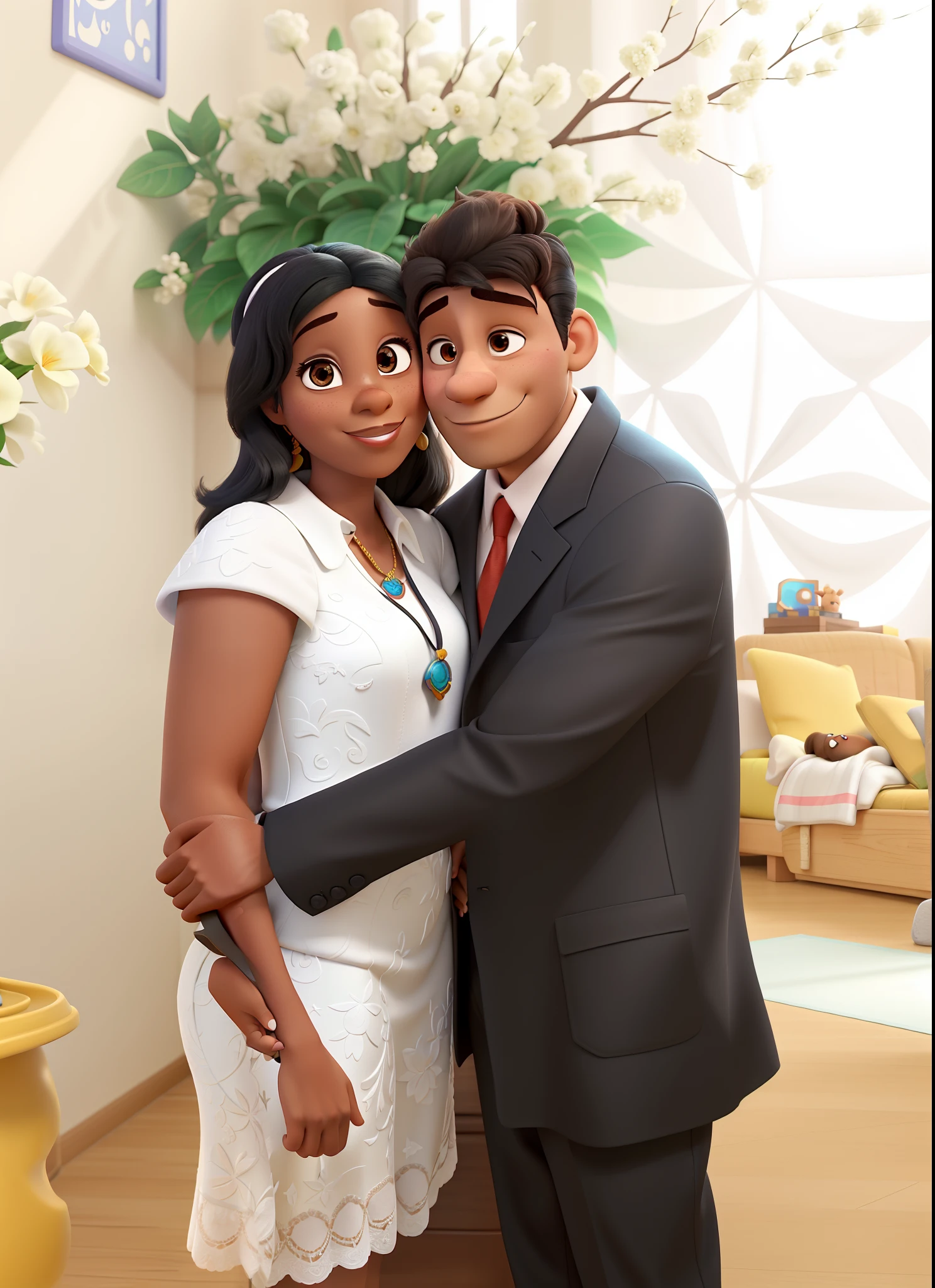 Casal com mulher negra e homem moreno no estilo Disney Pixar em uma festa em melhor qualidade.
